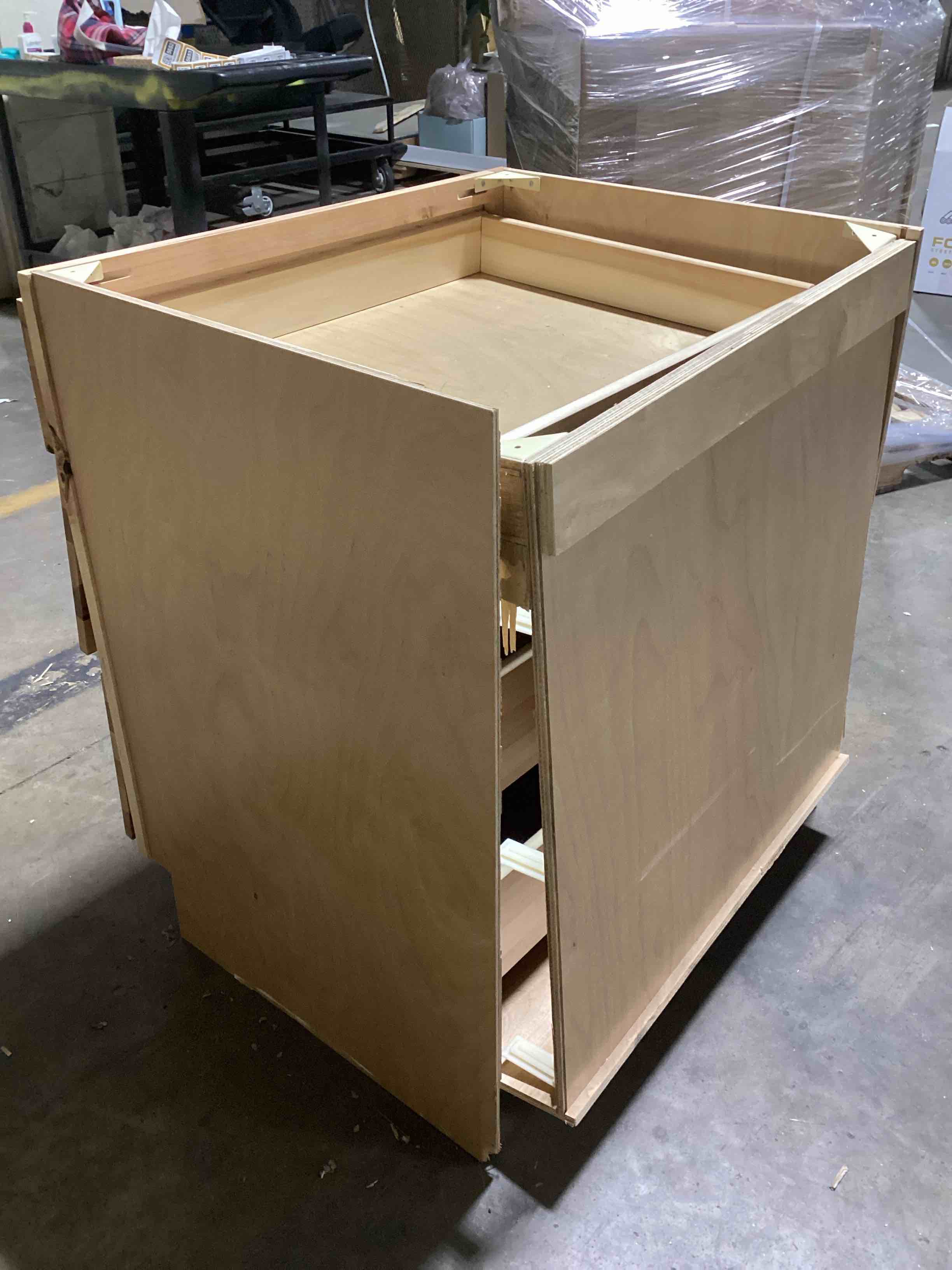 Condition photo showing As Is for Hickory Shaker 3-Drawer Base Cabinet, 34.5” x 25” x 30”