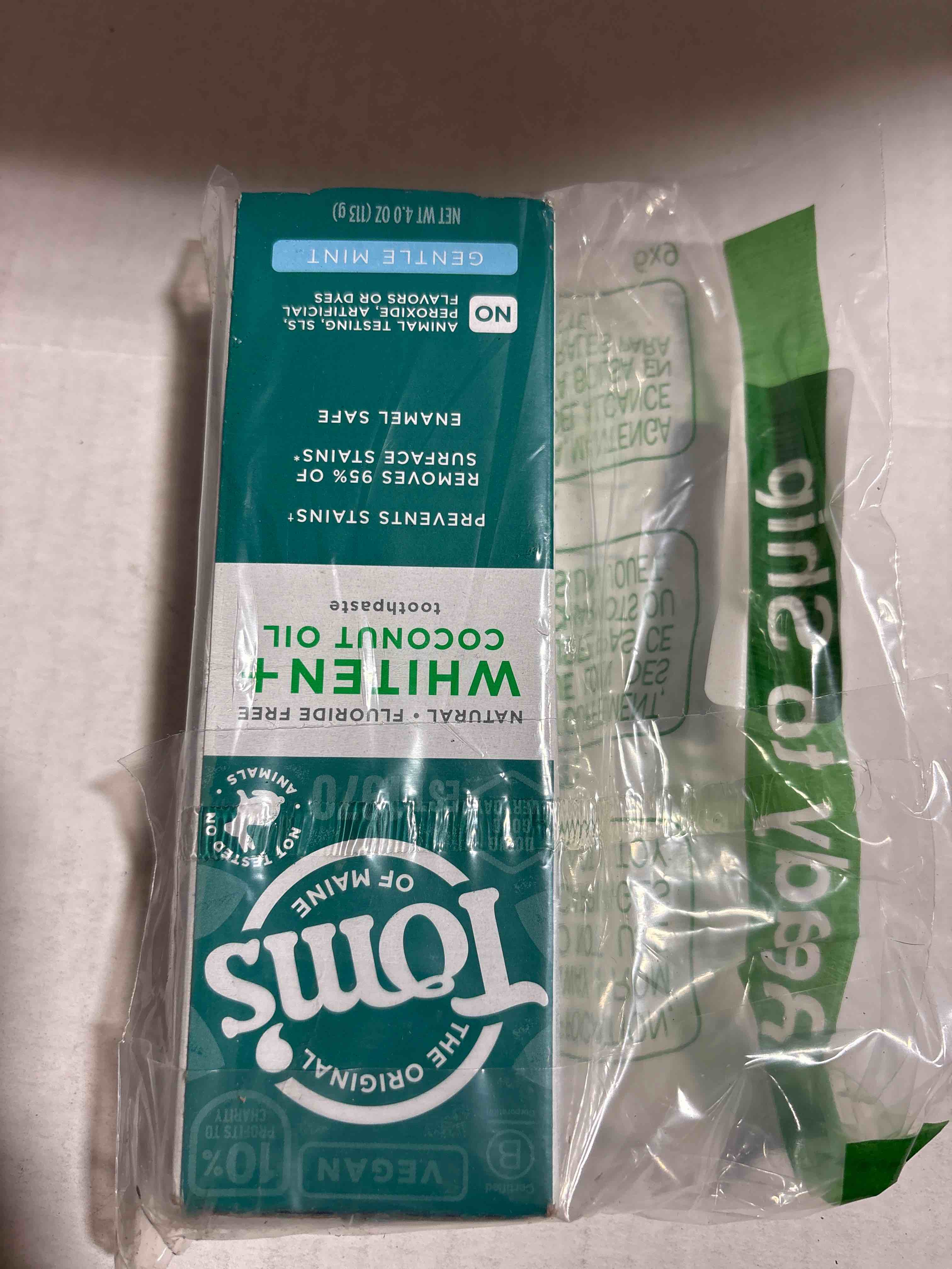 Condition photo showing New/Like New for tom's of maine whiten plus coconut oil fluoride free toothpaste, natural whitening toothpaste with coconut oil and plant-based cleansers, whitens without causing sensitivity, gentle mint, 4.0 oz