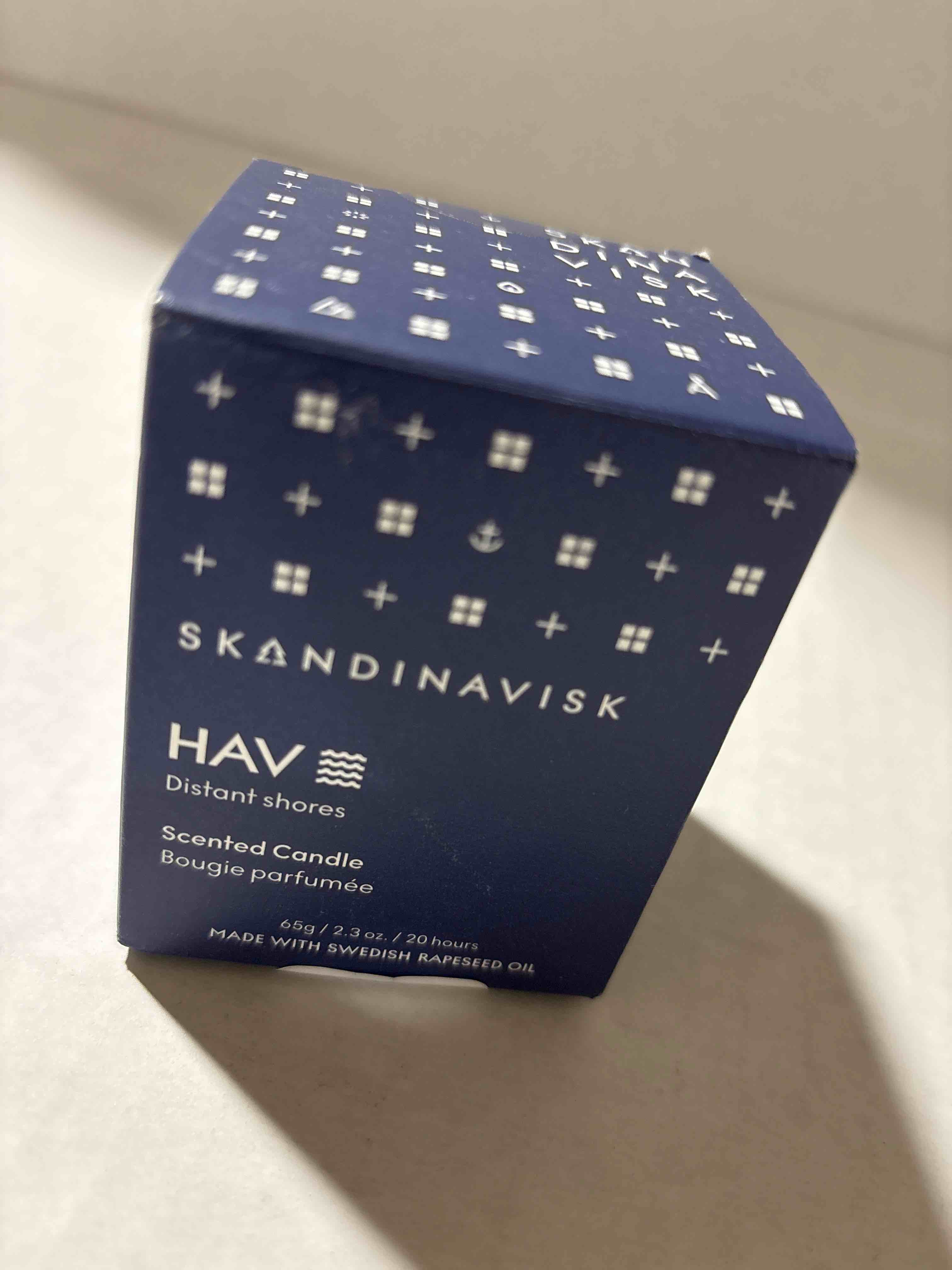 Condition photo showing New/Like New for Skandinavisk HAV 'Sea' Mini Scented Candle. Fragrance Notes: Salt Spray and Sea Kelp, Hawthorn and Beach Rose. 2.3 oz. HAV. Distant shores 2.3 Ounce