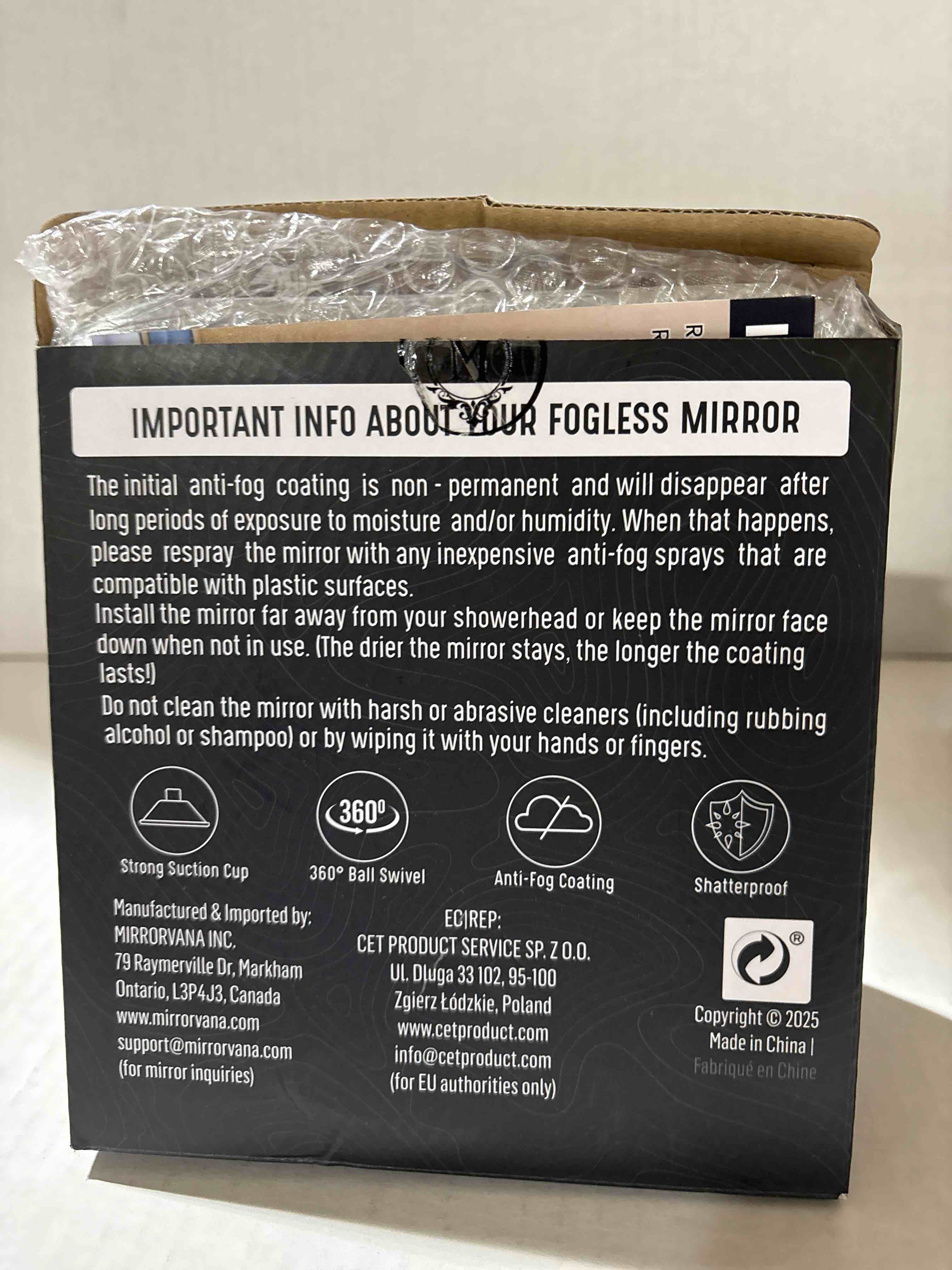Condition photo showing New/Like New for MIRRORVANA Fogless Shower Mirror for Shaving with Upgraded Suction, Anti Fog Shatterproof Surface and 360° Swivel, No Magnification, 6.3" x 6.3" (Chrome)