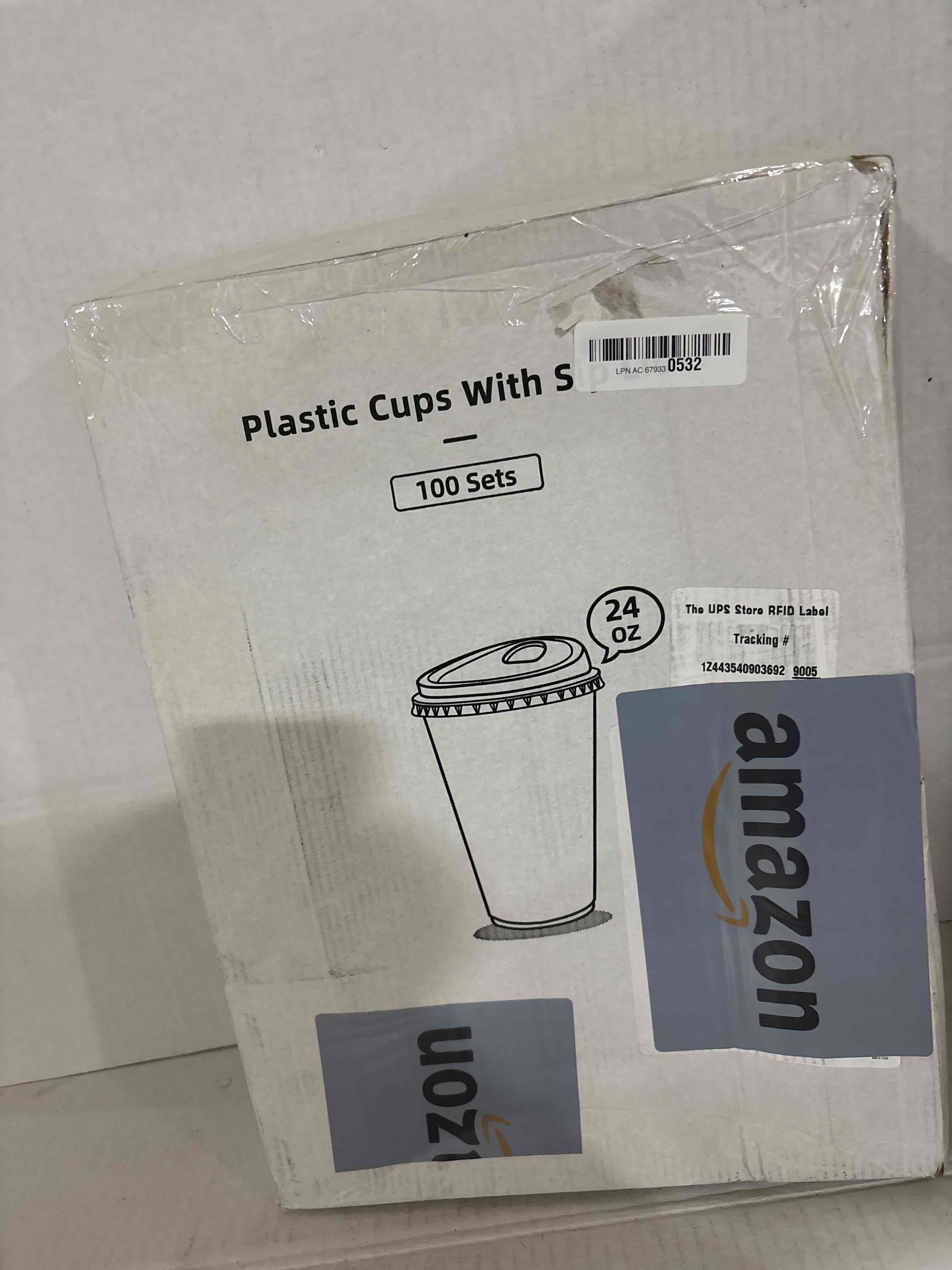 Condition photo showing New/Like New for AOZITA 100 Pack 24 oz Disposable Plastic Cups With Strawless Sip-Lids, Clear Plastic Iced Coffee Cups Go for Drinks, Bubble Tea, Cold Beverage - BPA Free