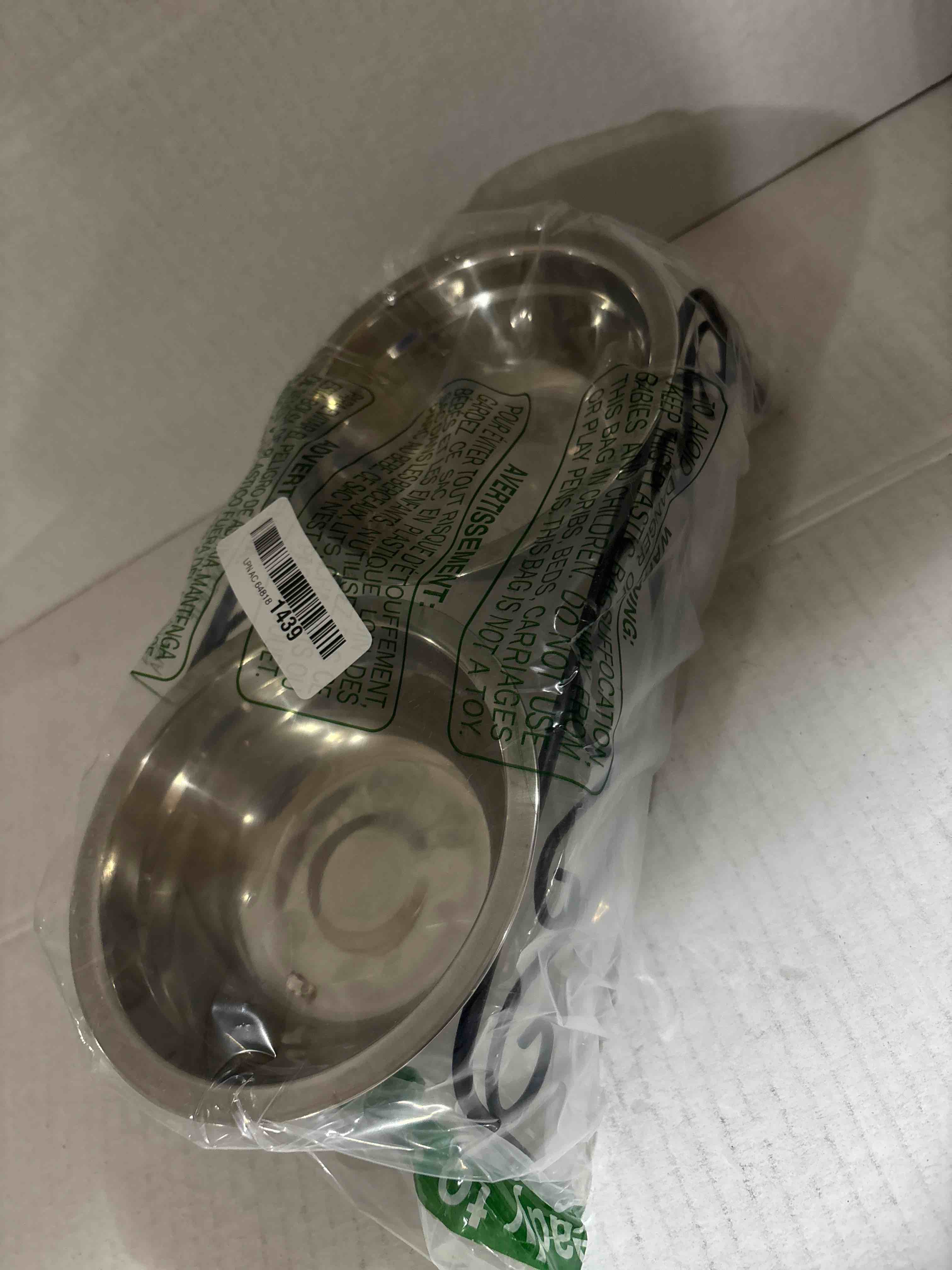 Condition photo showing New/Like New for Maxmartt Pet Feeder, Stainless Steel Double Dog Cat Food Water Bowls Feeder Dishes Shelf Stand Pet Bowls with Iron Stand 26X14X8.5cm