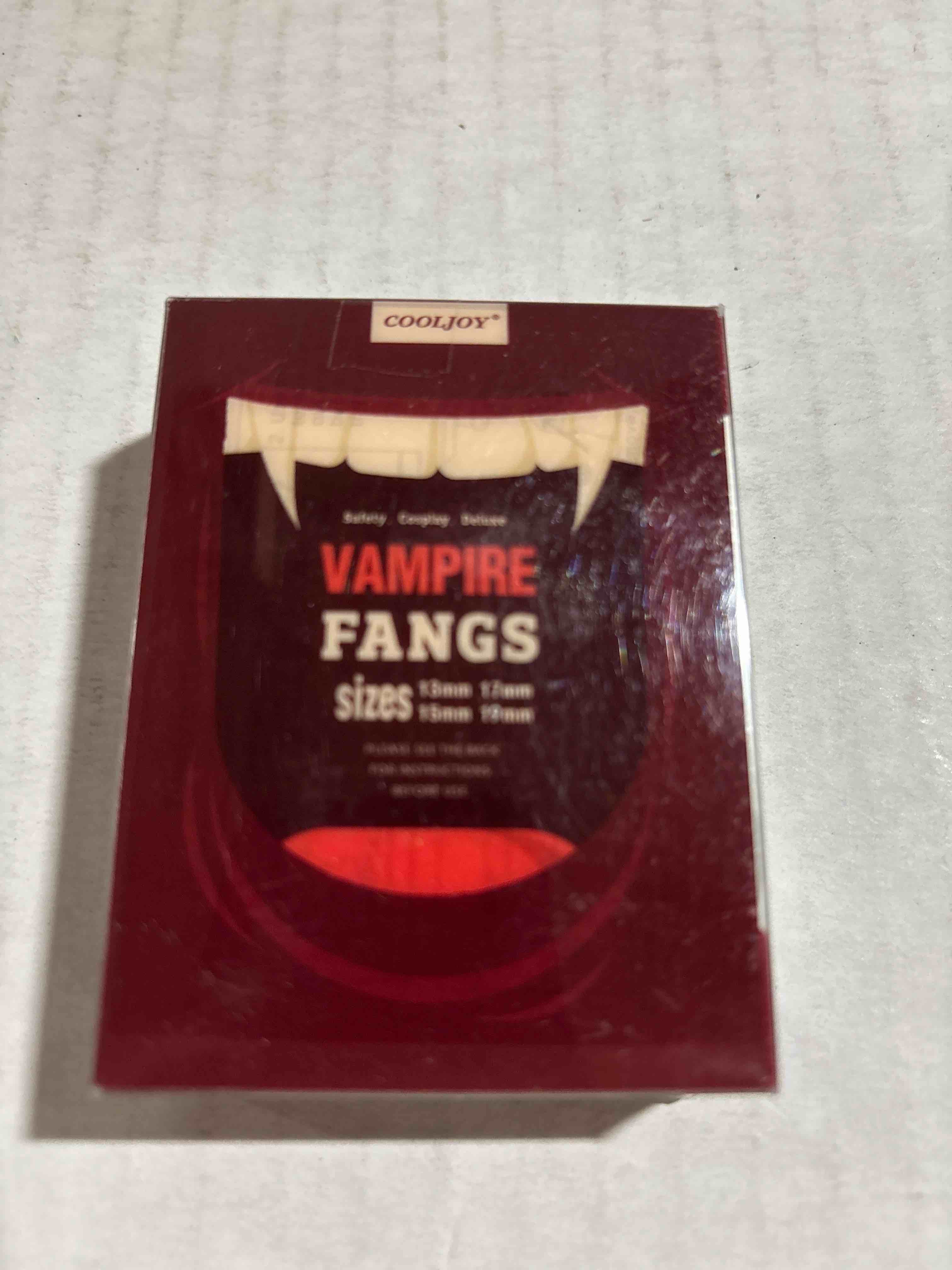 Condition photo showing New/Like New for COOLJOY 12 Pairs Vampire Teeth Fangs 4 Size with Adhesive Halloween Party Cosplay Props Horror Fake Teeth Props Party Favors Masquerade Costume Accessories Gift