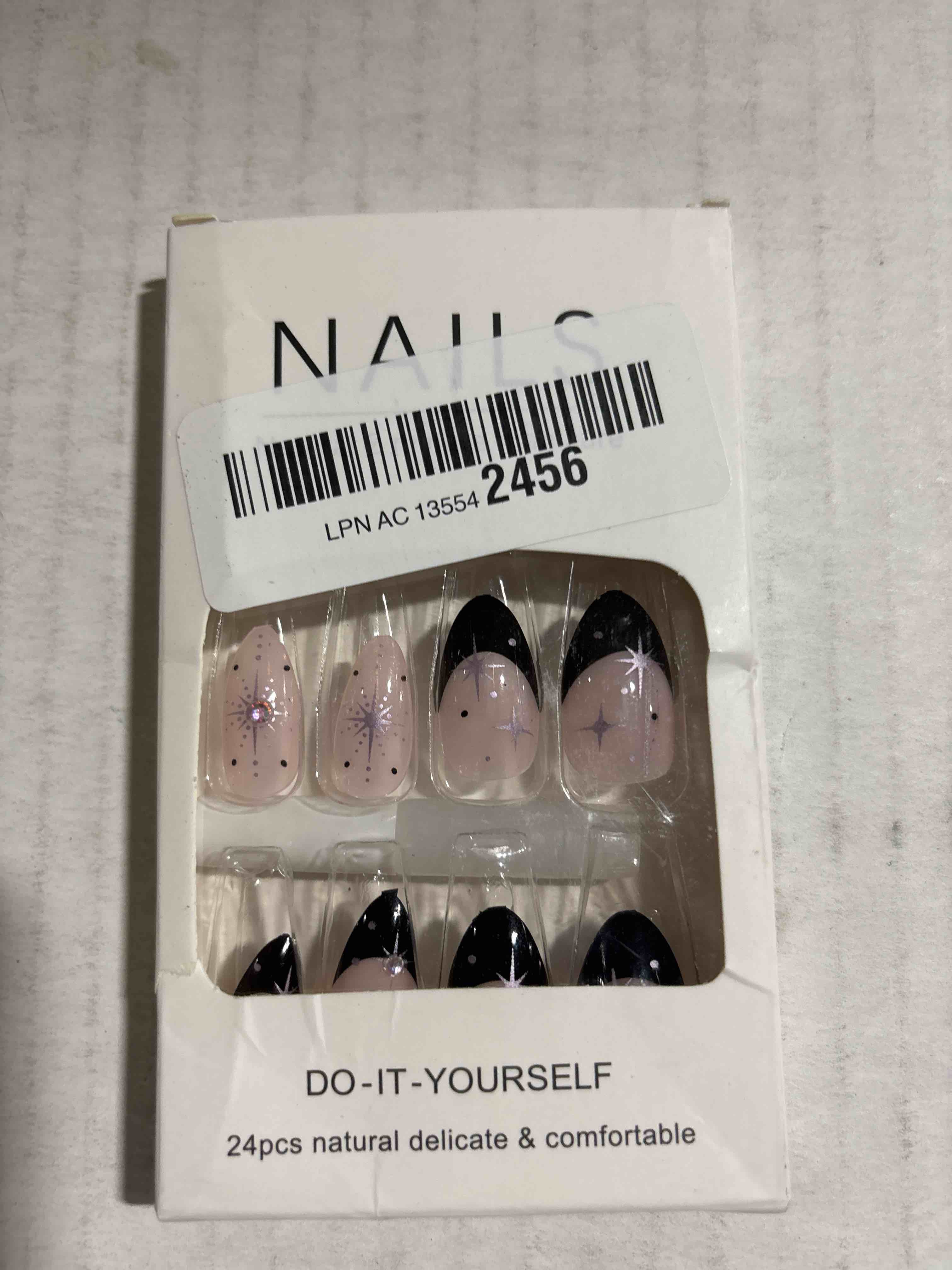 Condition photo showing New/Like New for MISUD Press on Nails - Medium Almond Glue on Nails with Black French Tip, Acrylic Rhinestone Design 24 pcs 03306-01Black
