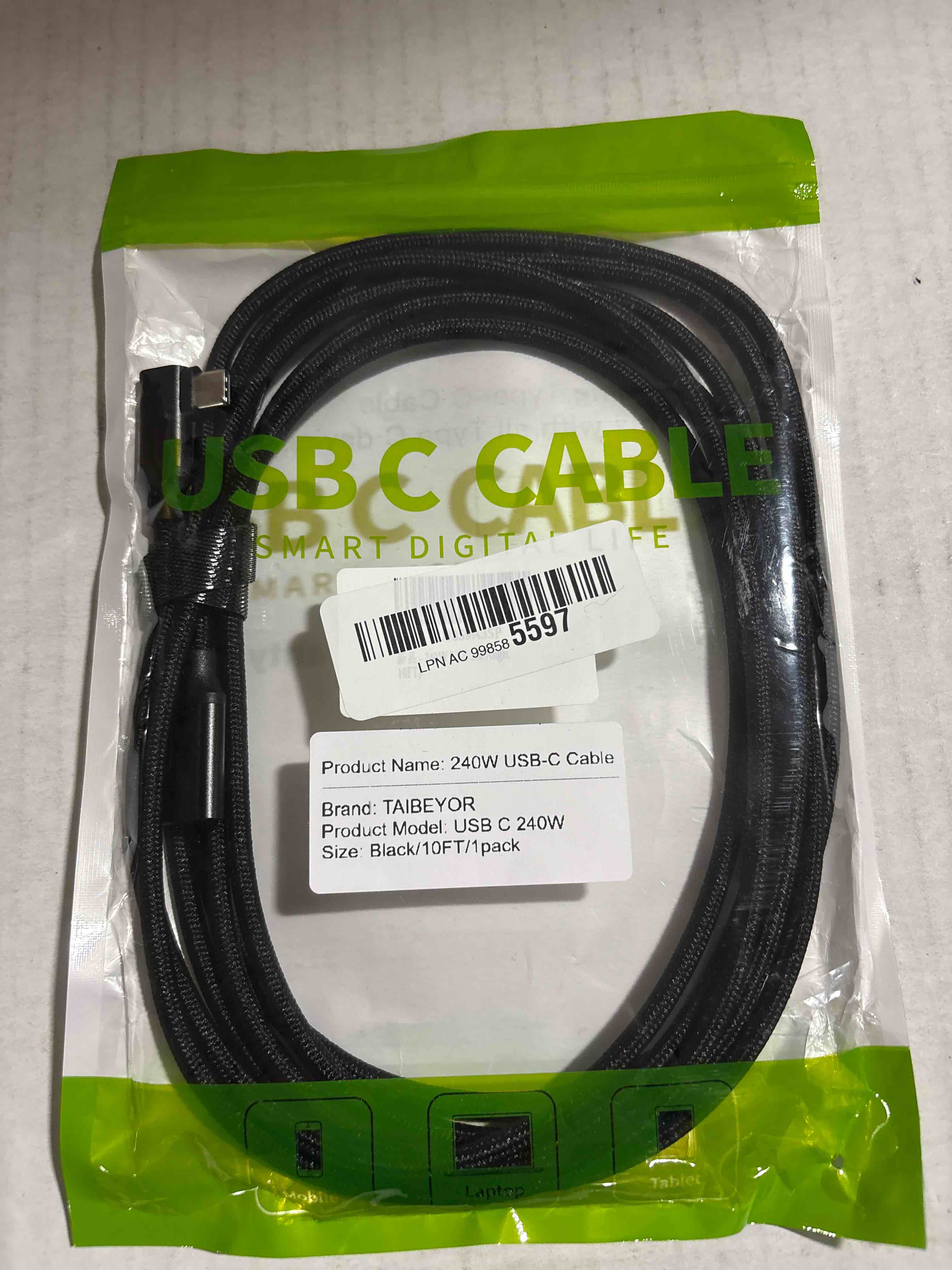 Condition photo showing New/Like New for 240W USB C to USB C Cable 10FT,Right Angle PD 3.1 Type C to C 5A Fast Charging Cable for MacBook Pro/Air,iPad Pro/Air/Mini,iPhone15/15Pro/15Plus/15ProMax,Samsung S24/S23/S22,Surface Book2,Pixel Dual 90° Right Angle 10FT