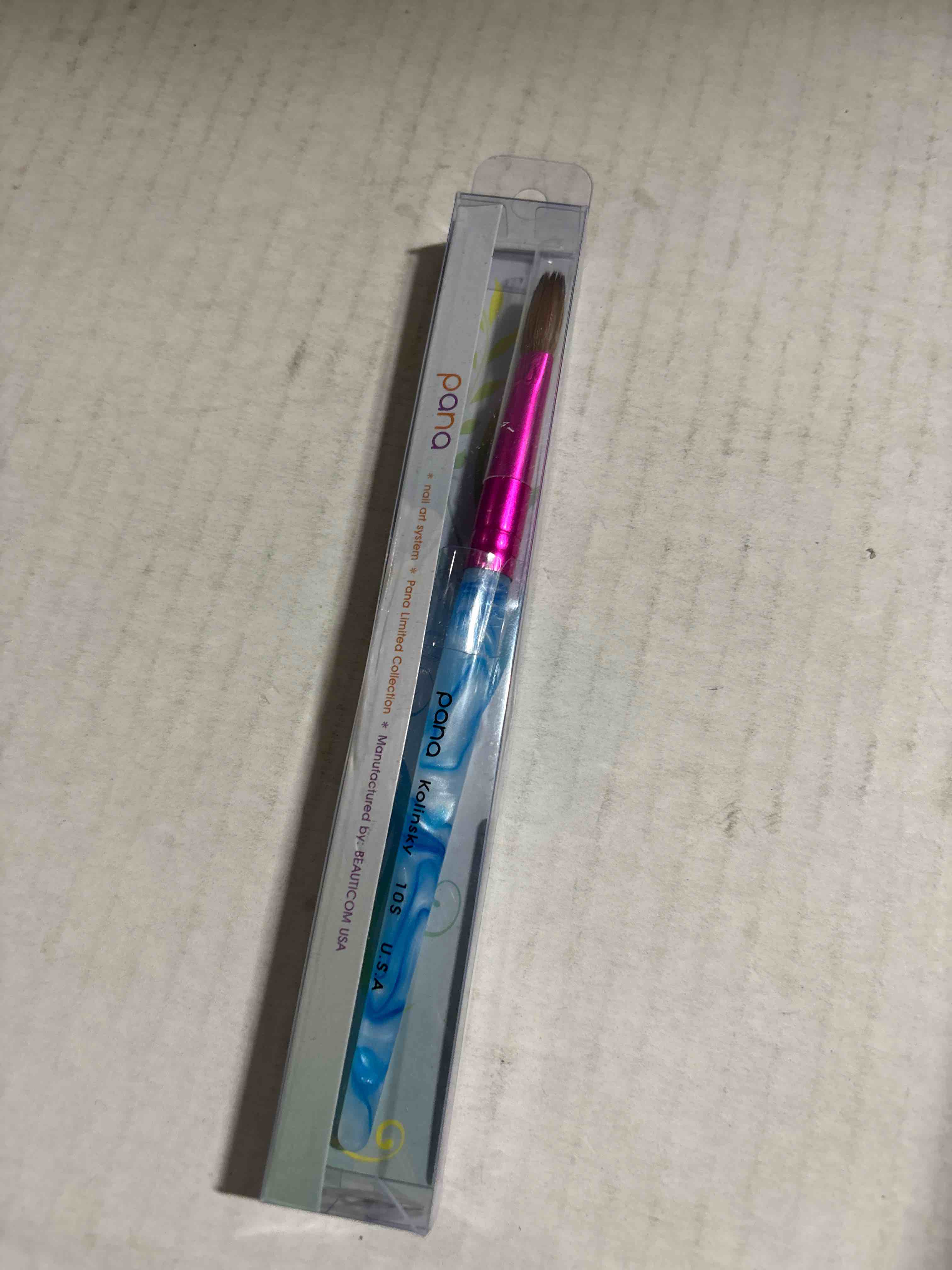 Condition photo showing New/Like New for PANA USA Acrylic Nail Brush Pure Kolinsky Hair Acrylic White Swirl Blue Handle with Pink Ferrule Round Shaped - Size 10 Size 10 White Swirl Blue