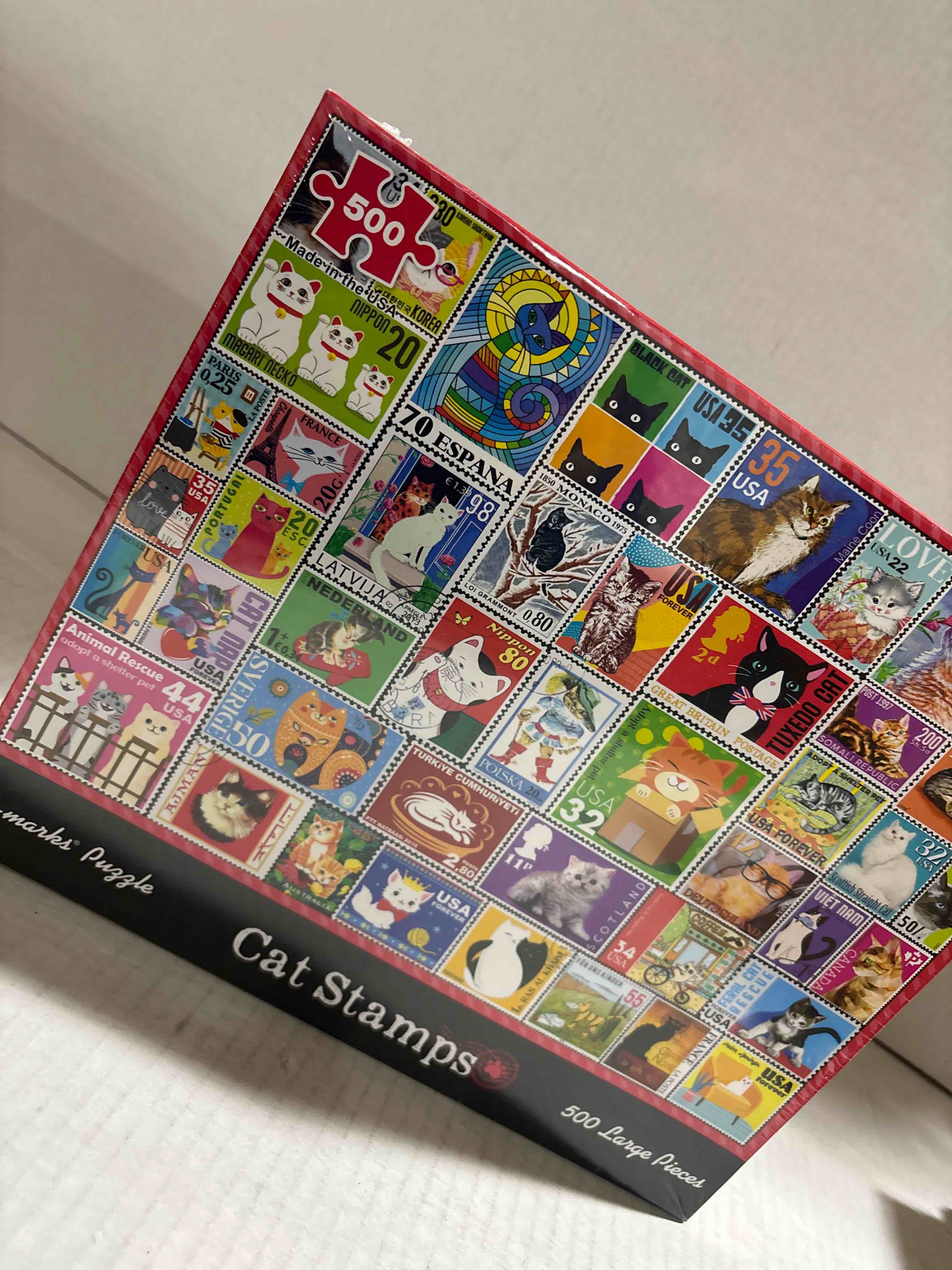 Condition photo showing New/Like New for Re-marks Cat Stamps Collage Puzzle, 500 Large Piece Jigsaw Puzzle for All Ages