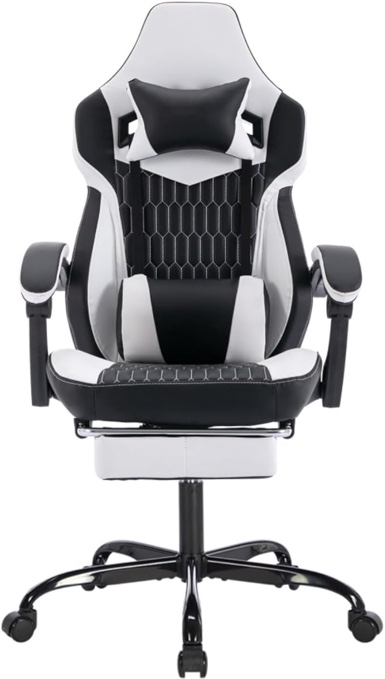 Gaming Chair with Footrest, High Back Gaming Chairs PVC Leather Ergonomic Office Gamer Chair Headrest Lumbar Support Racing Style Video Gaming Chair (Black White) (Black)