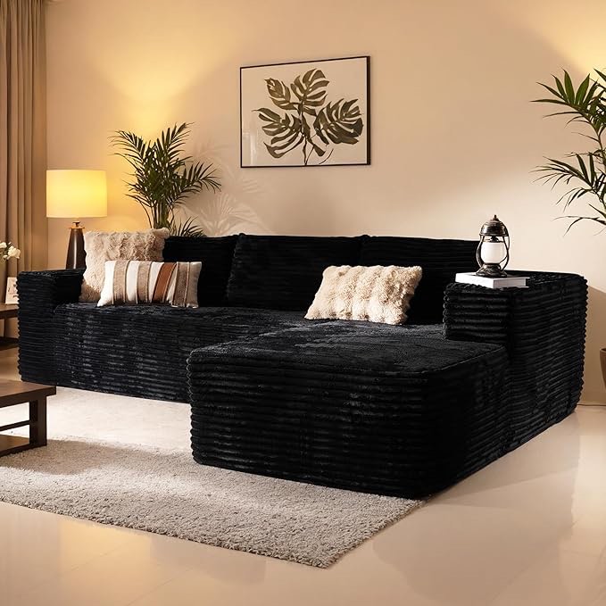 106" Cloud Sectional Couch with Chaise Lounge,L Shaped Modular Modern Sofa,Comfy Corduroy Fluffy Couches with Deep Seat,No Assembly Required Couch for Living Room(Right,Plush Corduroy,Black)
