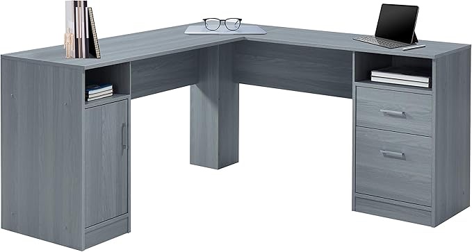 Techni Mobili Functional L-Shaped Computer Desk with storage, L is ?59.5" wide x 59.5" Long, Grey