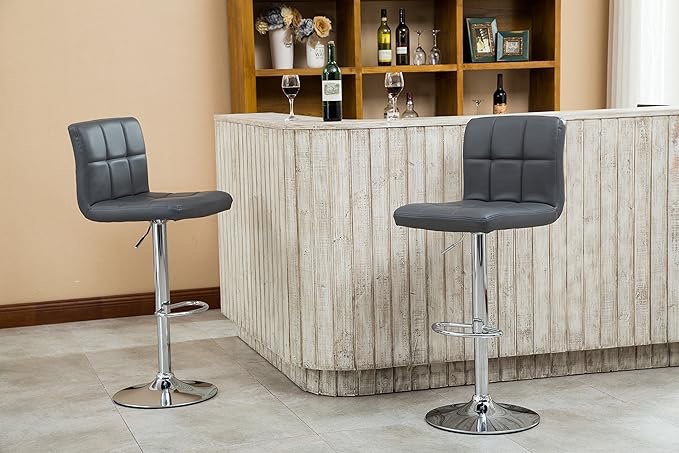 Roundhill Furniture Swivel Leather Adjustable Hydraulic Bar Stool, Set of 2, Gray