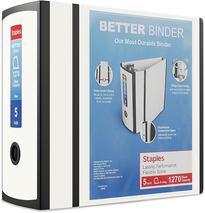 pack for 4 different colors Staples Better Binder Heavy-Duty View, White, 1000-Sheet Capacity, 5" (Ring Diameter)