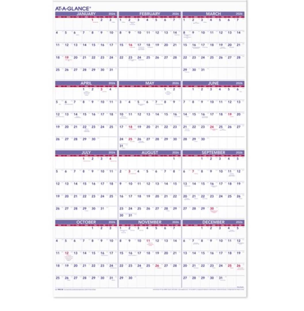 AT-A-GLANCE 2026 Wall Calendar, Monthly, 24" x 36", Extra Large, Paper (PM122826)