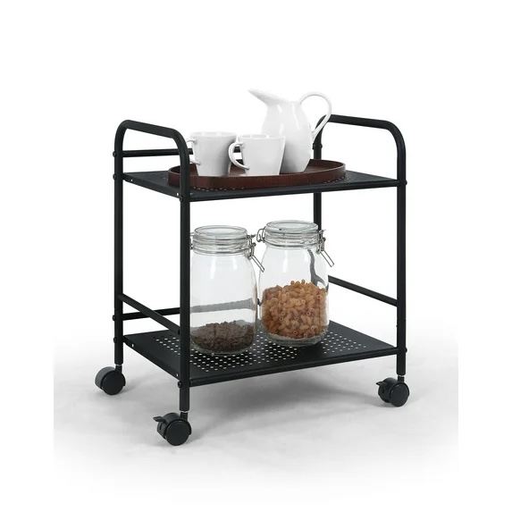 SunnyPoint 2-Tier Metal Rolling Utility Cart – Mobile Storage Shelf with Caster Wheels – Small Space Organizer for Home, Office, Bedroom, Kitchen (BLK)