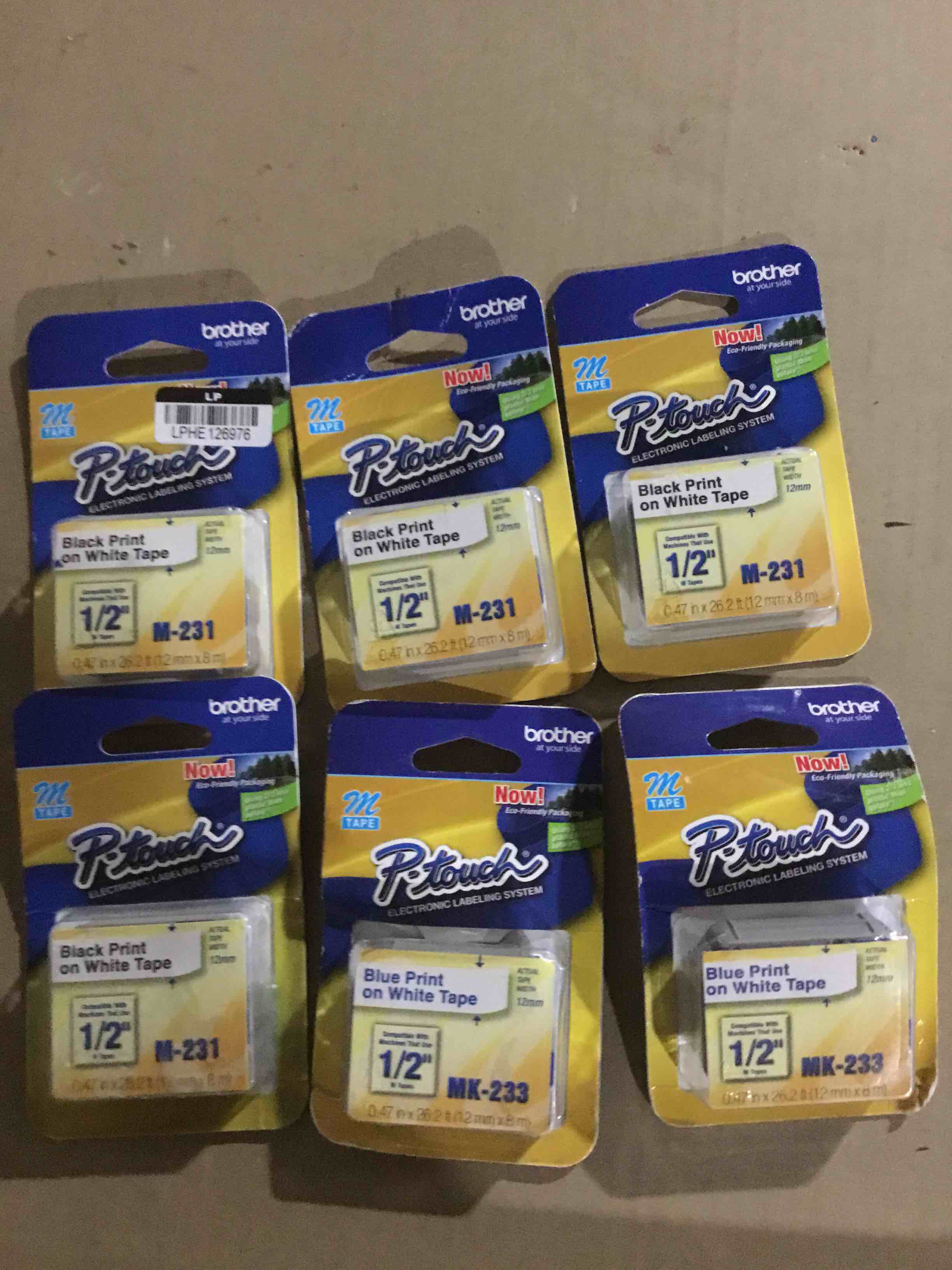 Brother(R) M-231 Black-On-White Tape, 0.5in. x 26.2ft., BRTM231. 6 pack 