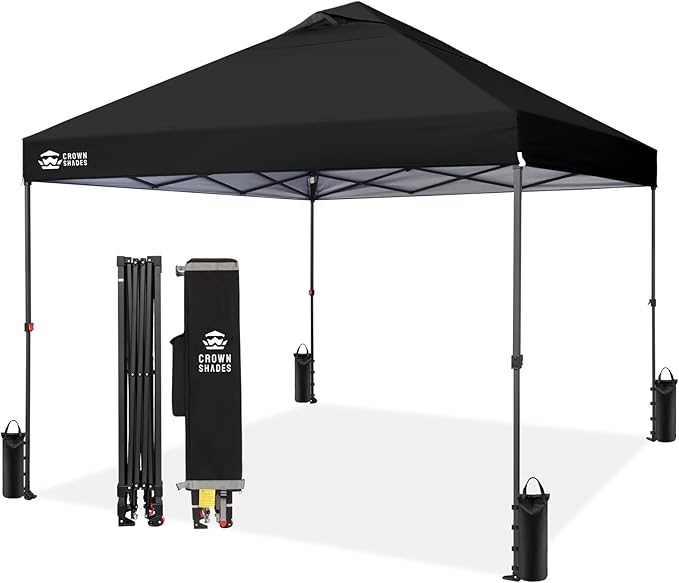 CROWN SHADES 10x10 Pop Up Canopy Tent - Patented Center Lock One Push Instant Outdoor Canopy Beach Tent with STO-N-Go Bag 8 Stakes & 4 Sand Bags?Black