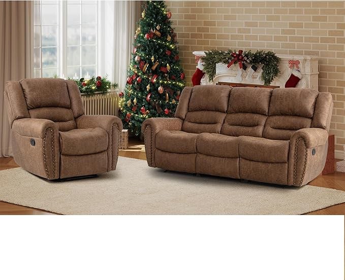 EBELLO Manual Recliner Sofa Set, Faux Leather Fabric Reclining Living Room Set, Included Single Recliner Chair and 3 Seat Manual Sofa, 