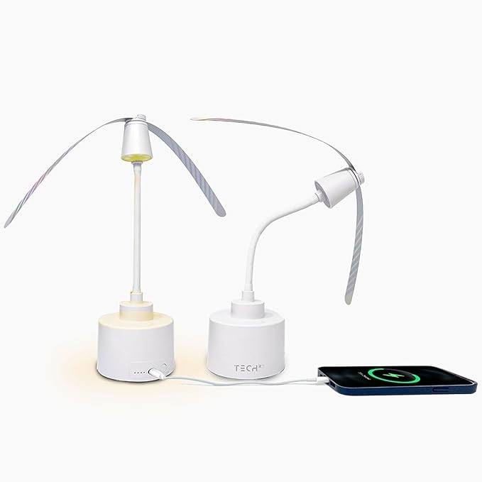Tech Fly Fan 2 Pack with 5000mAh Power Bank & Built-in Table Lamp | Fly Repeller Fan | Adjustable Goose Neck, Reflective Blades & Hanging Hook | Indoor Outdoor Bug-Free Comfort