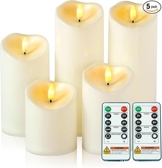 Amagic Waterproof Outdoor Flameless Candles with Remote, LED Candles Battery Operated with Timer, Flickering Fake Pillar Candle for Outside Patio Yard Decor, Ivory, Set of 5, D3 X H4 5" 6" 8" 8" Visit the Amagic Store