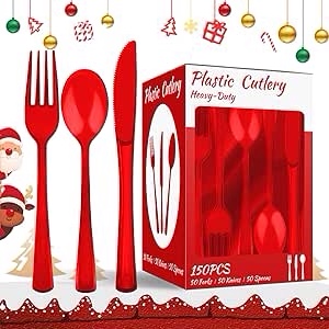 90 pack disposable cutlery set, red plastic silverware clear heavy duty utensils set includes 50 forks 50 knives 50 spoons for birthday wedding party picnics outdoor events 