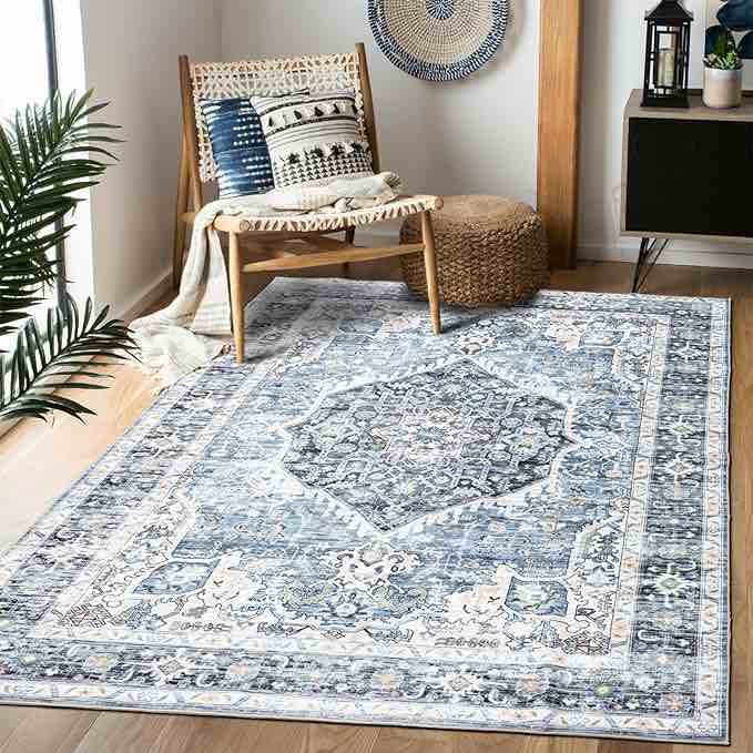 Condition photo showing New/Like New for Area Rug 5×7, Vintage Boho Rug,Ultra-Soft Low Pile, Washable, Non Slip,Stain Resistant Printed Carpet for Living Room Bedrooms Playroom Office Kitchen, Light Blue