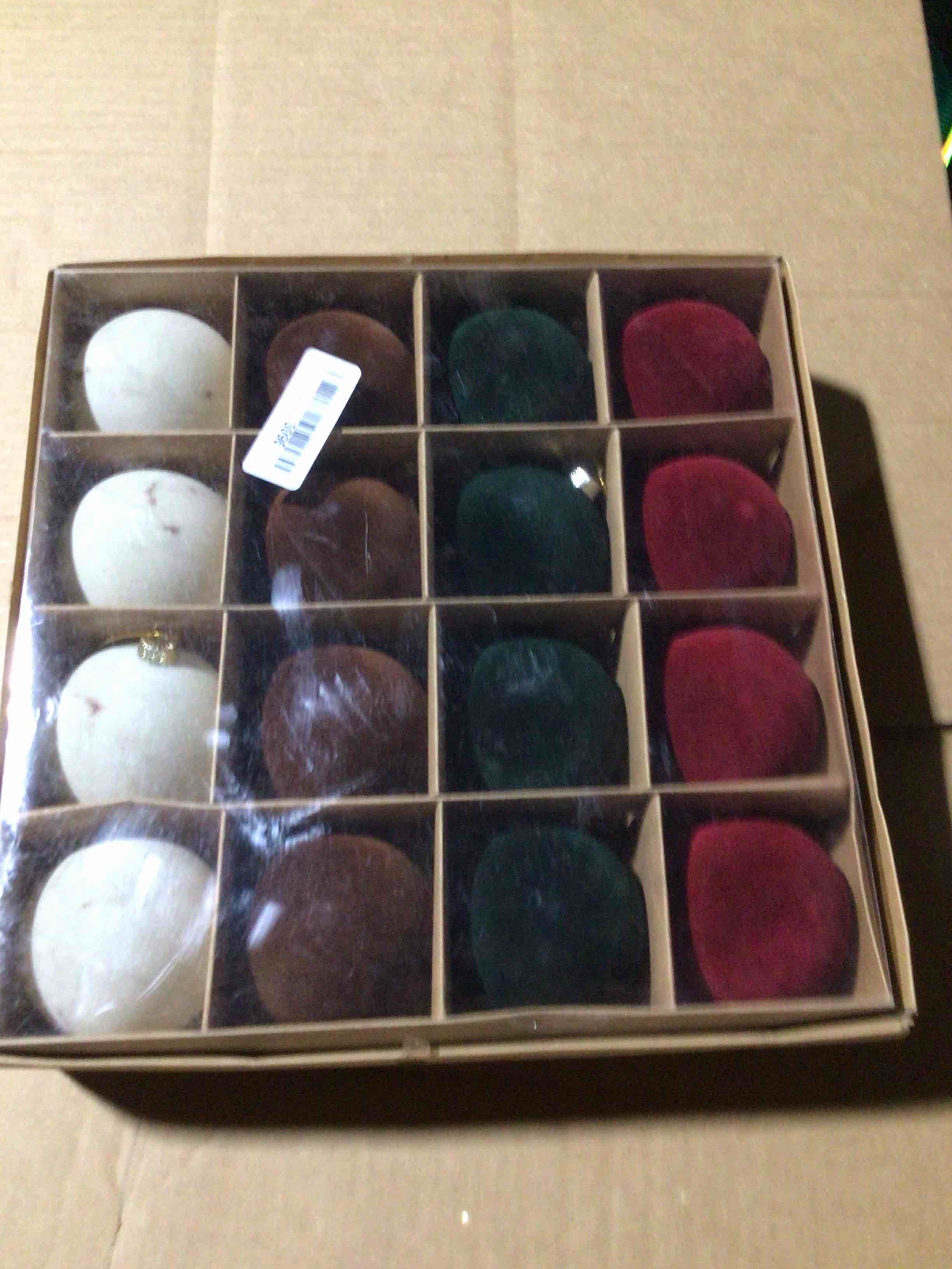 Condition photo showing New/Like New for 16 Pcs Velvet Ornaments for Christmas Tree - 3.15in Flocked Christmas Balls Ornaments - Hanging Decorations for Wreath, Mantel, Stair Railings, Windows (Deep Red, Deep Green, Brown, Beige) Mix Color Deep Red, Deep Green, Brown, Beige