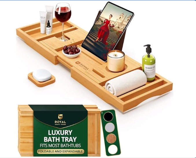 royal craft wood bathtub tray caddy for tub, bamboo bath shelf, premium foldable wood bath table, expandable bathtub & bathroom accessories, new home gifts for mom, housewarming, anniversary, wedding