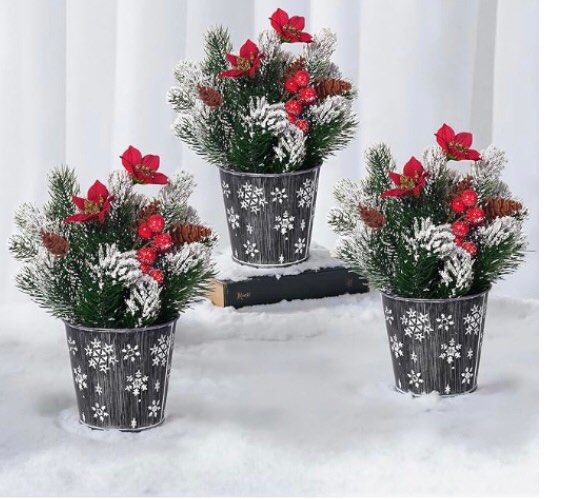 3 Pack of Potted Snowy Norfolk Pine Branches with Poinsettias Barries and Pin Cones in 4’’ Rustic Metal Planter with Snowflake Stamping Pattern for Christmas Décor and Home Decorations, 9.5’’H x 7’’D