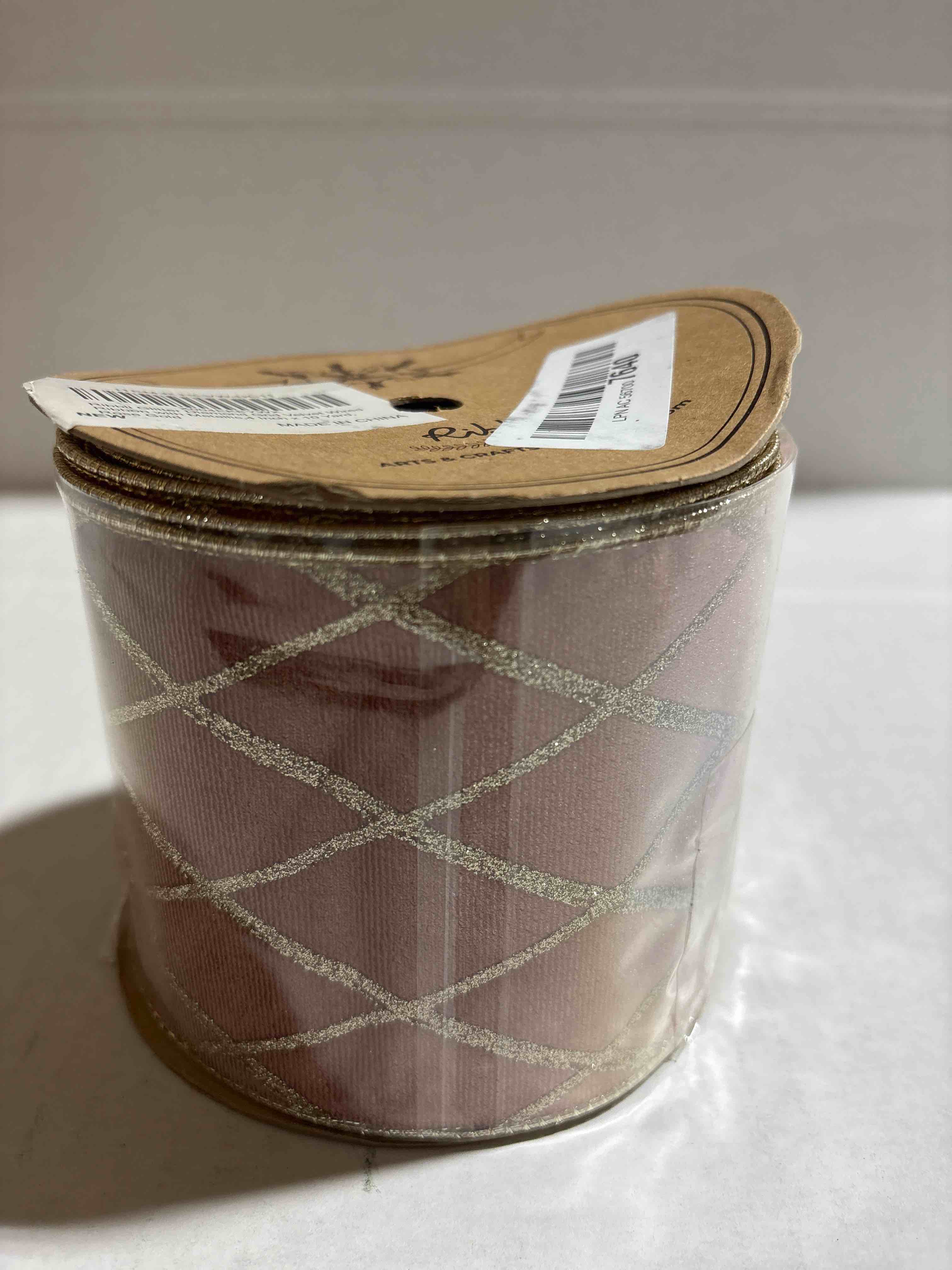 Condition photo showing New/Like New for Ribbli Rose Gold Velvet Ribbon Wired with Glitter Diamond Grid 4 Inch Christmas Ribbon for Christmas Tree Decoration Big Bow Gift Wrapping Crafts Wreaths Garland Supplies - 10 Yards Rose Gold 4 inch