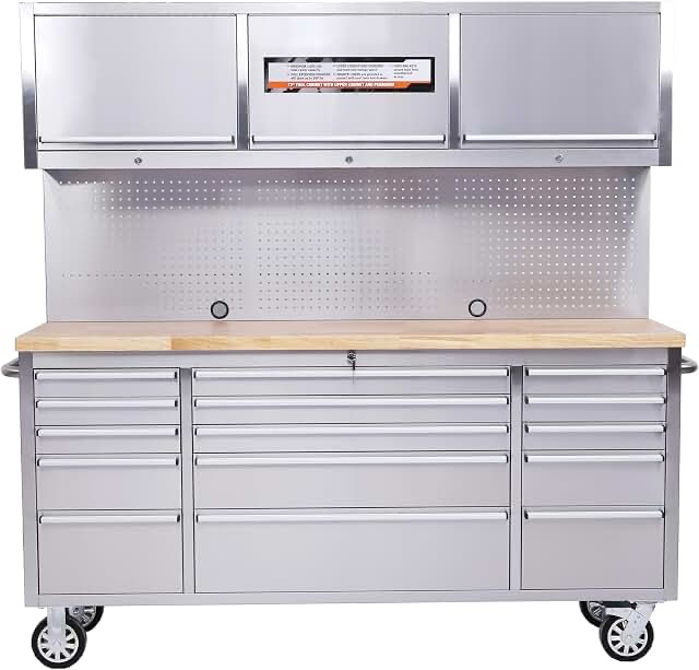 72 inch Rolling Tool Chest, Garage Workbench with 15 Drawers, Solid Rubber Wood Top & with Wheels Lo