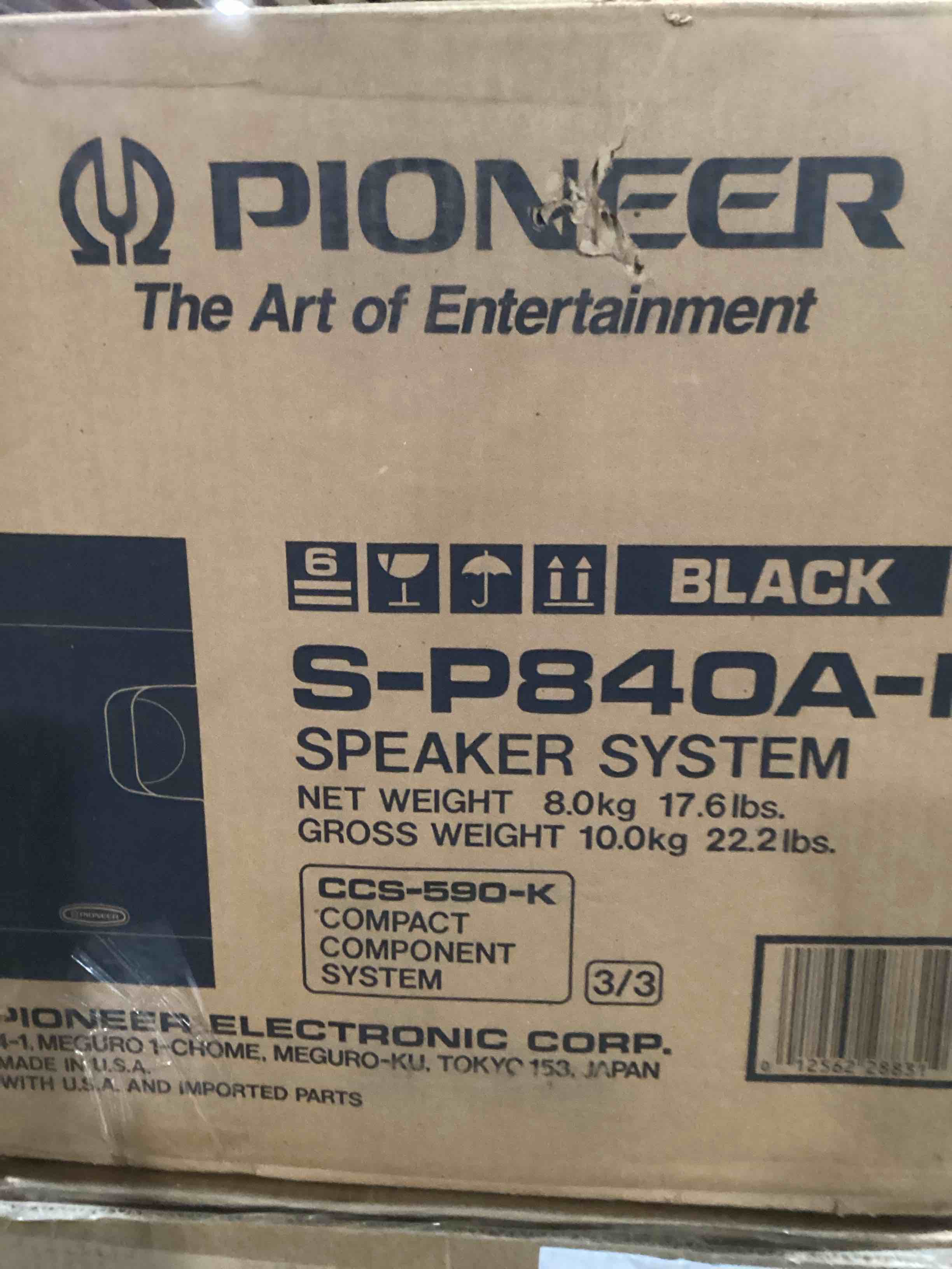 Condition photo showing New/Like New for The Pioneer S-P840A-K is a vintage 2-way bookshelf speaker system, often characterized by its 100W power handling and compact design suitable for smaller spaces.