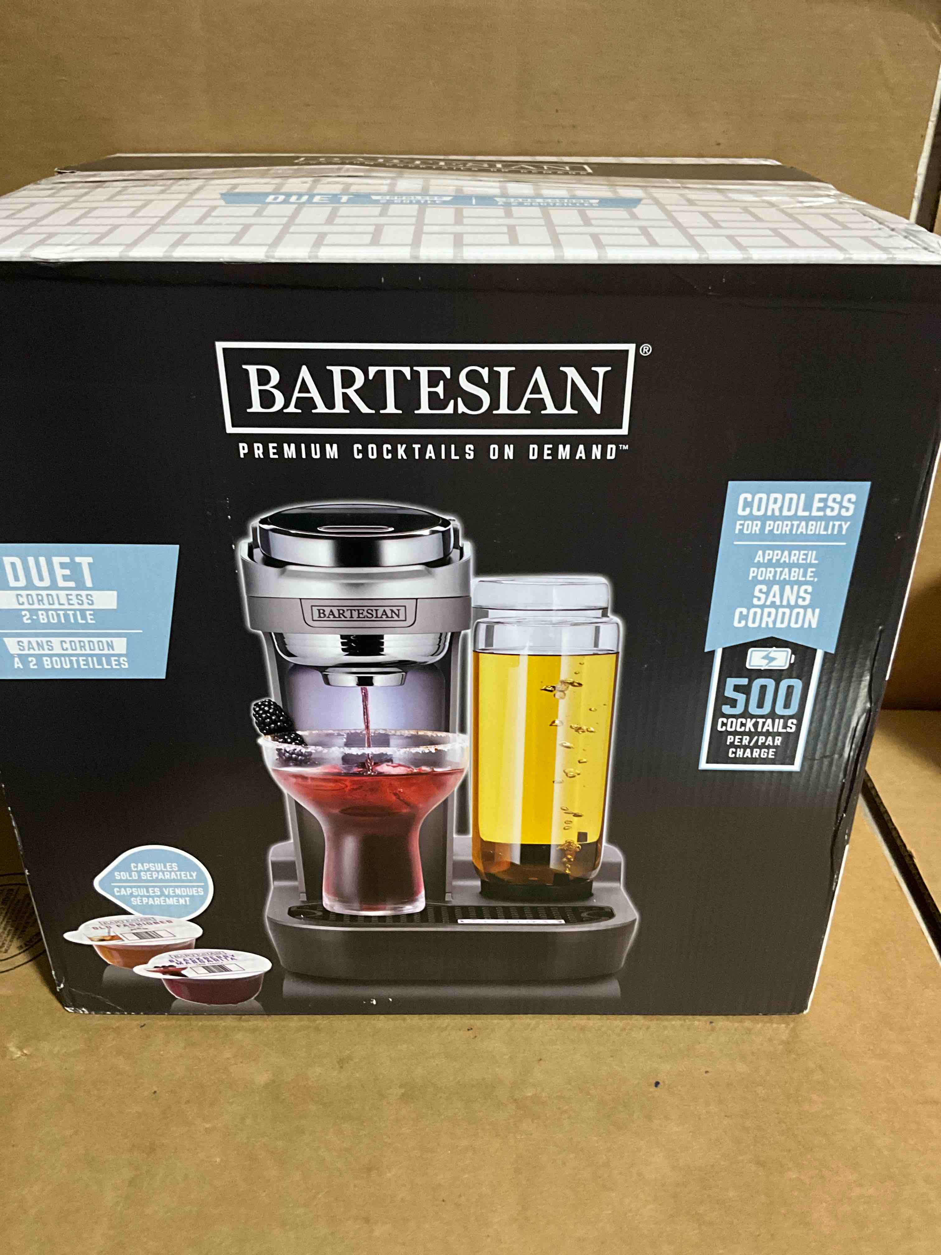Condition photo showing New/Like New for Bartesian Duet Cocktail Machine, 2 Glass Spirit Bottles, 55310