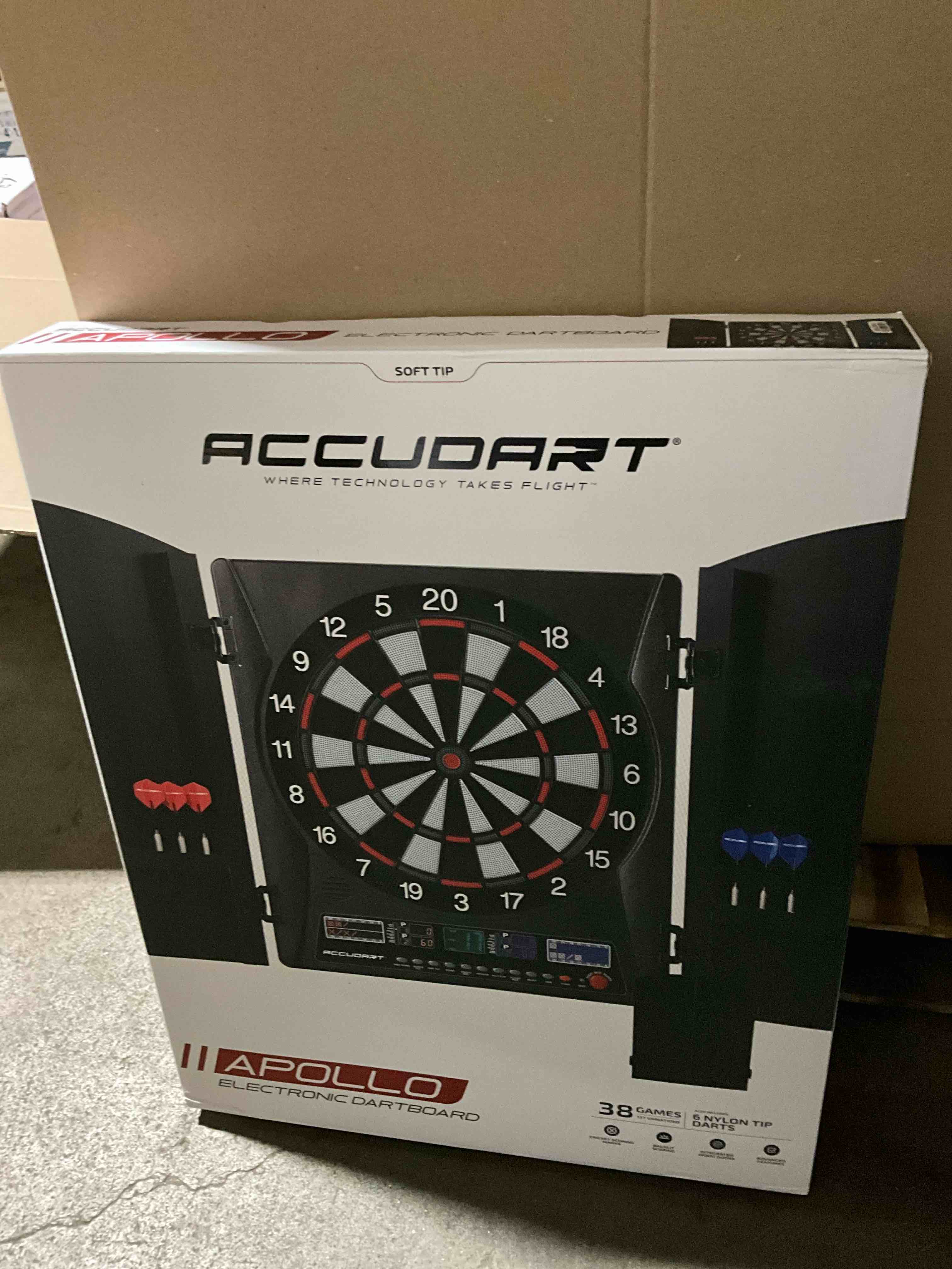 Condition photo showing New/Like New for Accudart Apollo Electronic Dartboard Cabinet - 38 Game Modes - 137 Game Variations - Advanced Features - Colorful Backlit Scoring - Cricket X/O Scoring - Integrated Black Woodgrain Doors