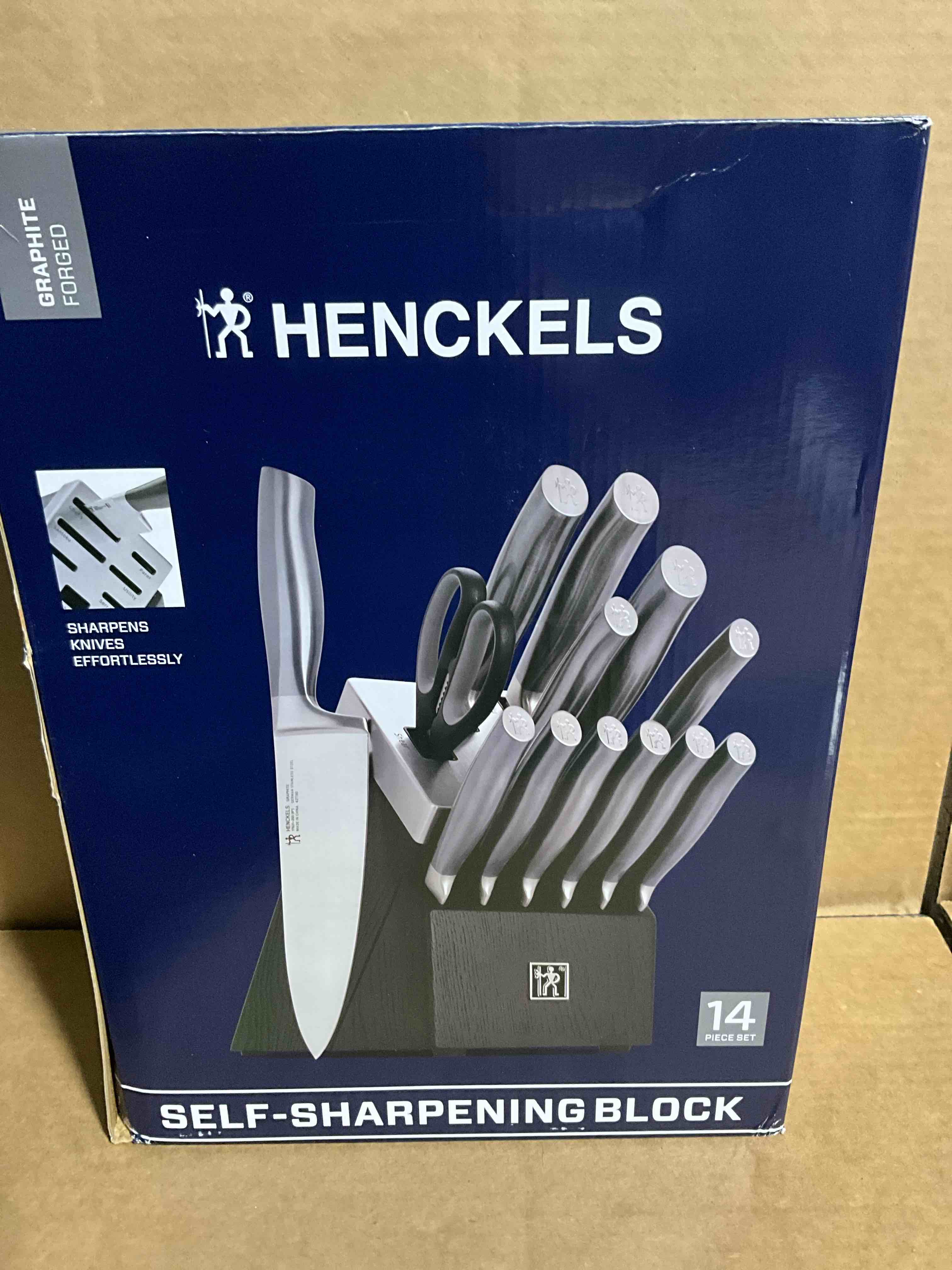 Condition photo showing Good Condition for HENCKELS Graphite 14-pc Self-Sharpening Knife Set with Block, Chef Knife, Paring Knife, Utility Knife, Bread Knife, Steak Knife, Black, Stainless Steel (B09V39MF6Z)