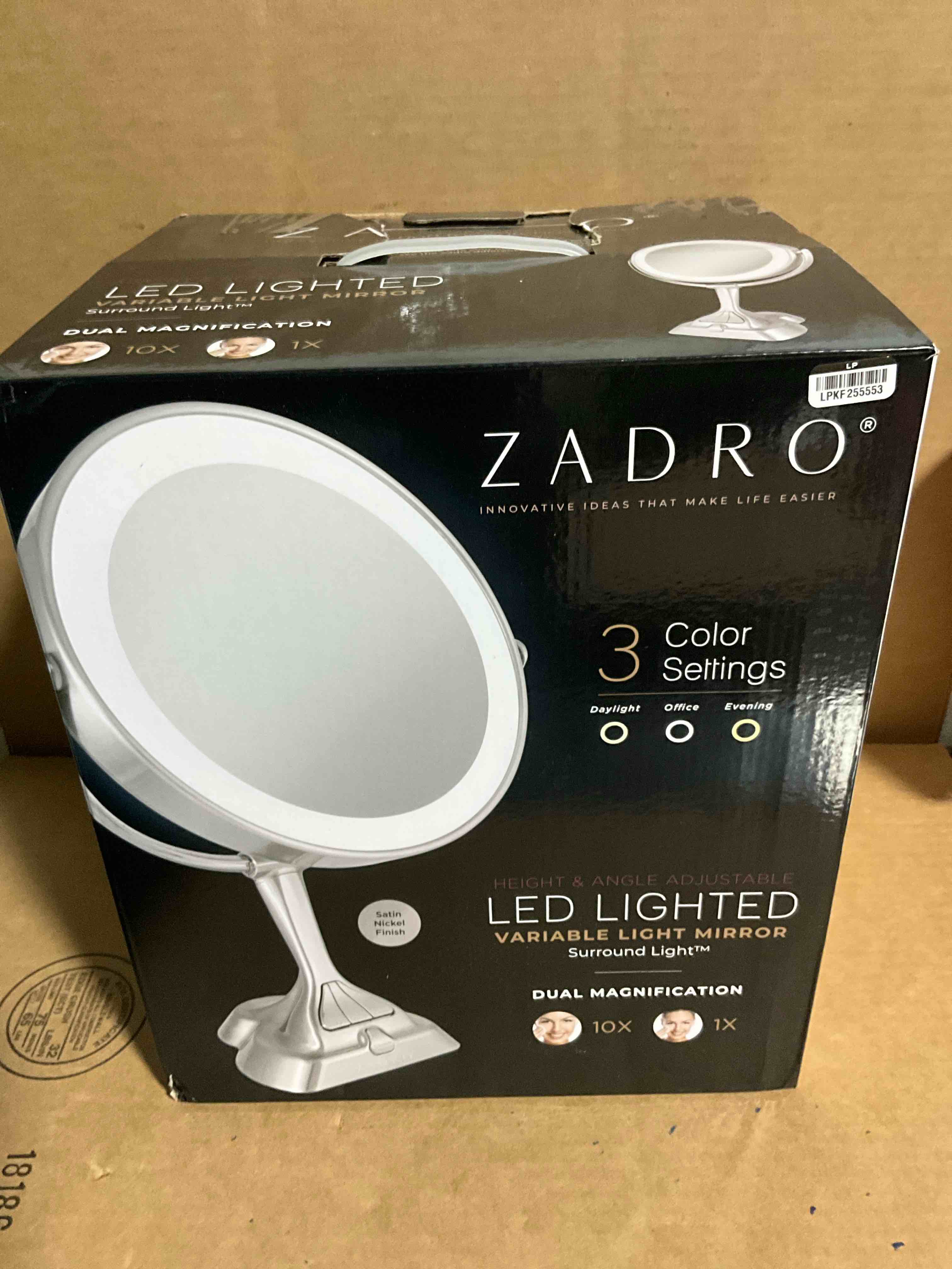 Condition photo showing New/Like New for LED Variable Lighted Vanity Mirror - Zadro: 10x Magnifying, Round Metal & Glass, Spot Clean, 15.75" High