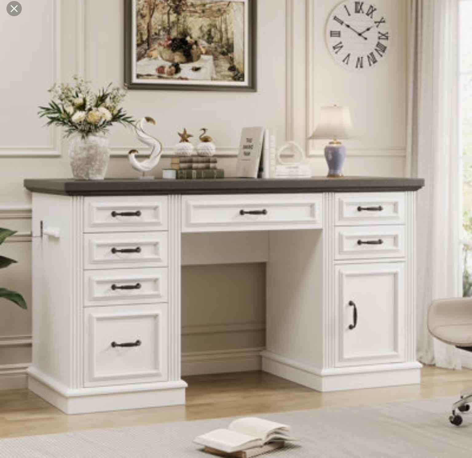 57 antique  white Executive Desck 7 drawers ,charging station & file.imcompleto 1 box 