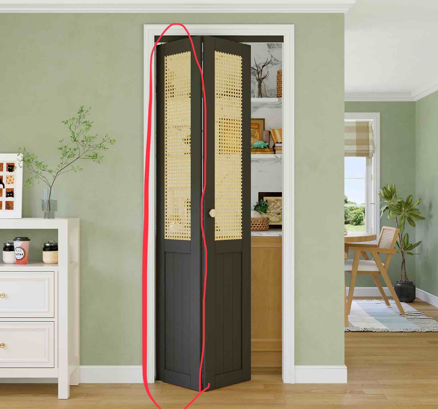 30" x 80" Rattan Bifold Closet Door, Cane Webbing Wood Interior Wicker Doors Slab, Build Quality Black Folding Barn Door (Double 78.5" High Panels & Hardware & Fascia & Knob)