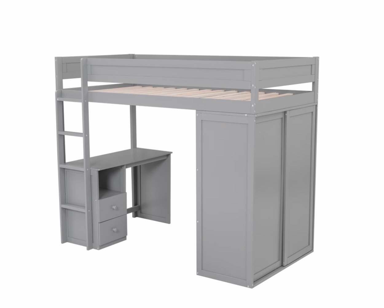 Condition photo showing Good Condition for wood twin size loft bed with desk and wardrobe, kids & teens, gray (incomplete box 1 of 3)