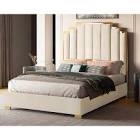 (only 1 box) VanAcc Queen Size Bed Frame and Headboard, Upholstered Bed with Golden Plating Trim, beige/gold