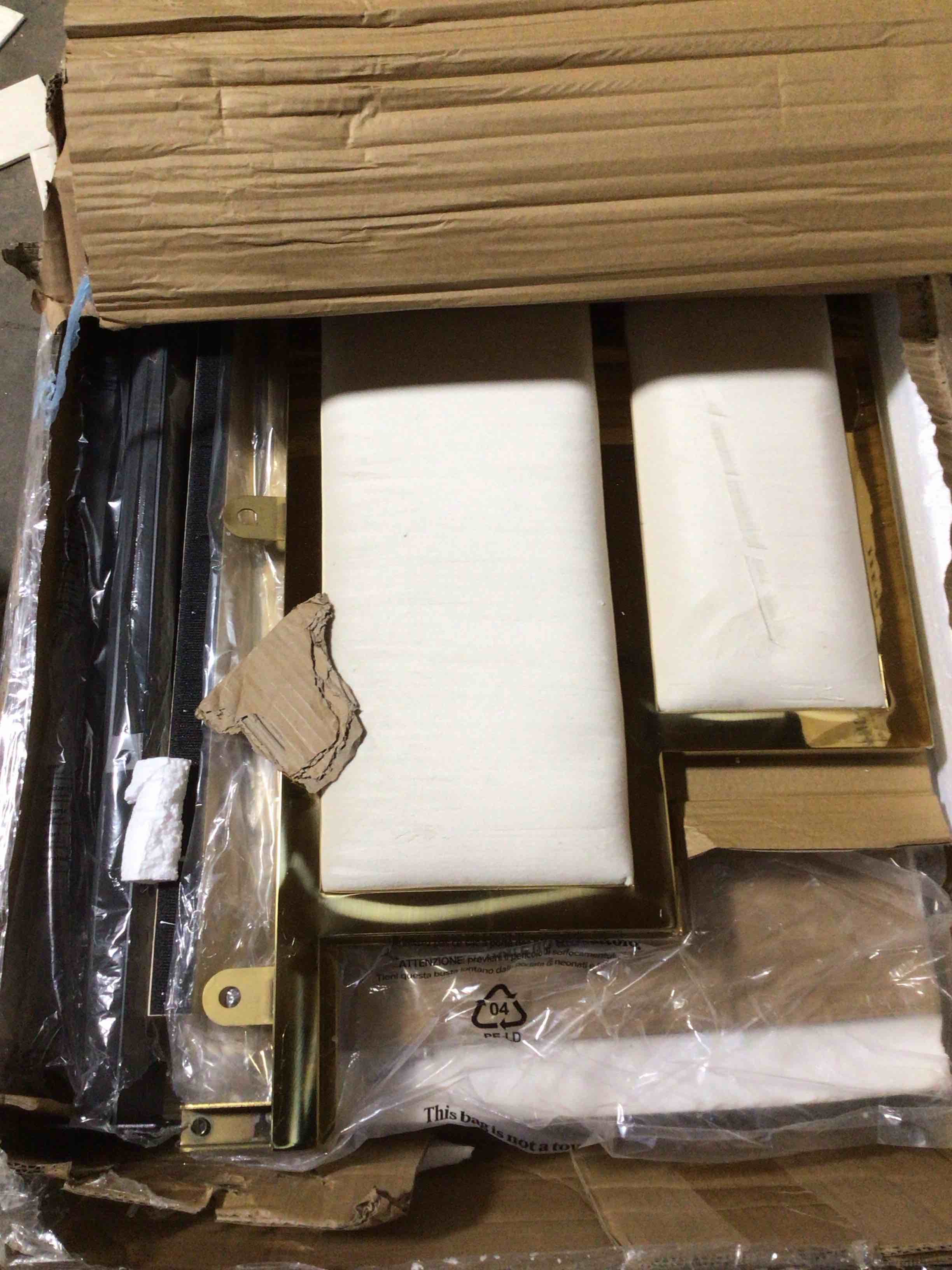 Condition photo showing As Is for (only 1 box) VanAcc Queen Size Bed Frame and Headboard, Upholstered Bed with Golden Plating Trim, beige/gold