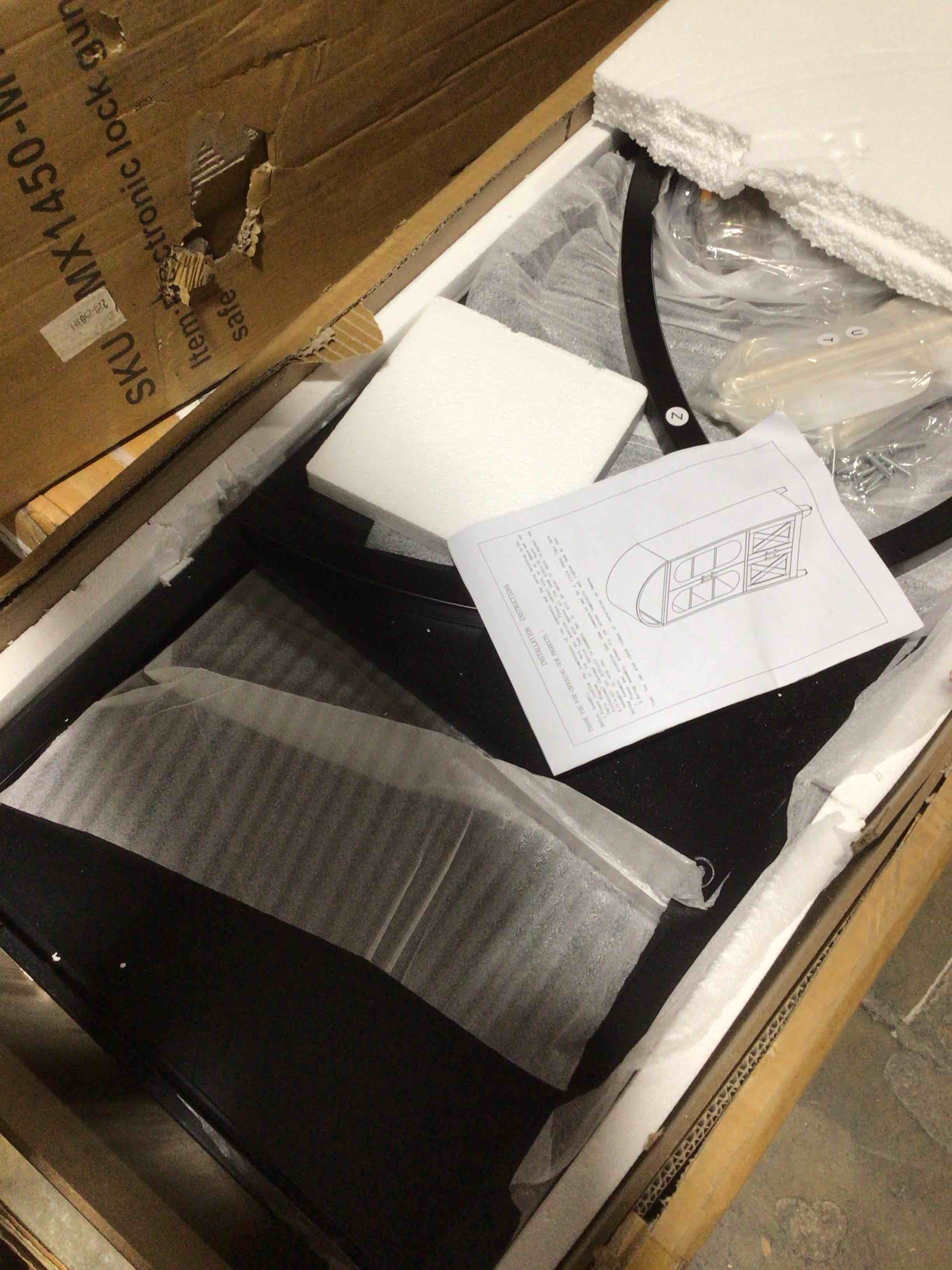 Condition photo showing As Is for (incomplete) 73" H Metal Tall Arched Kitchen Pantry Cabinet, Modern Farmhouse China Storage Cabinets with Glass Door and Adjustable Shelves, Versatile Cupboard for Kitchen, Dining Room, Bathroom (Black)