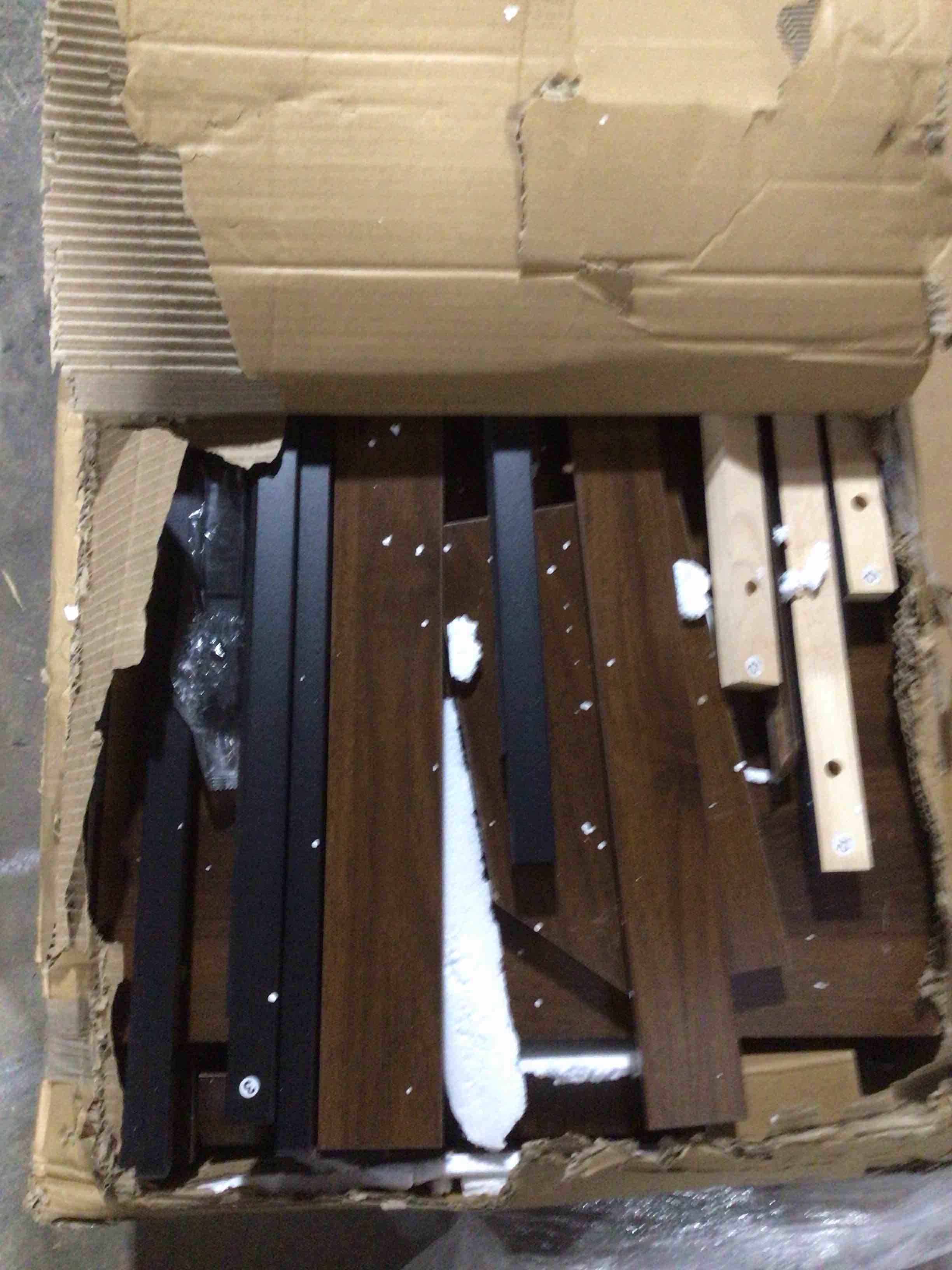 Condition photo showing As Is for (incomplete box 2/2) Farmhouse wood platform bed frame , brown , king