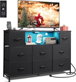 ASNG114BL Stylish Black Dresser with LED Lights, 8 Drawers & Charging Station for TV