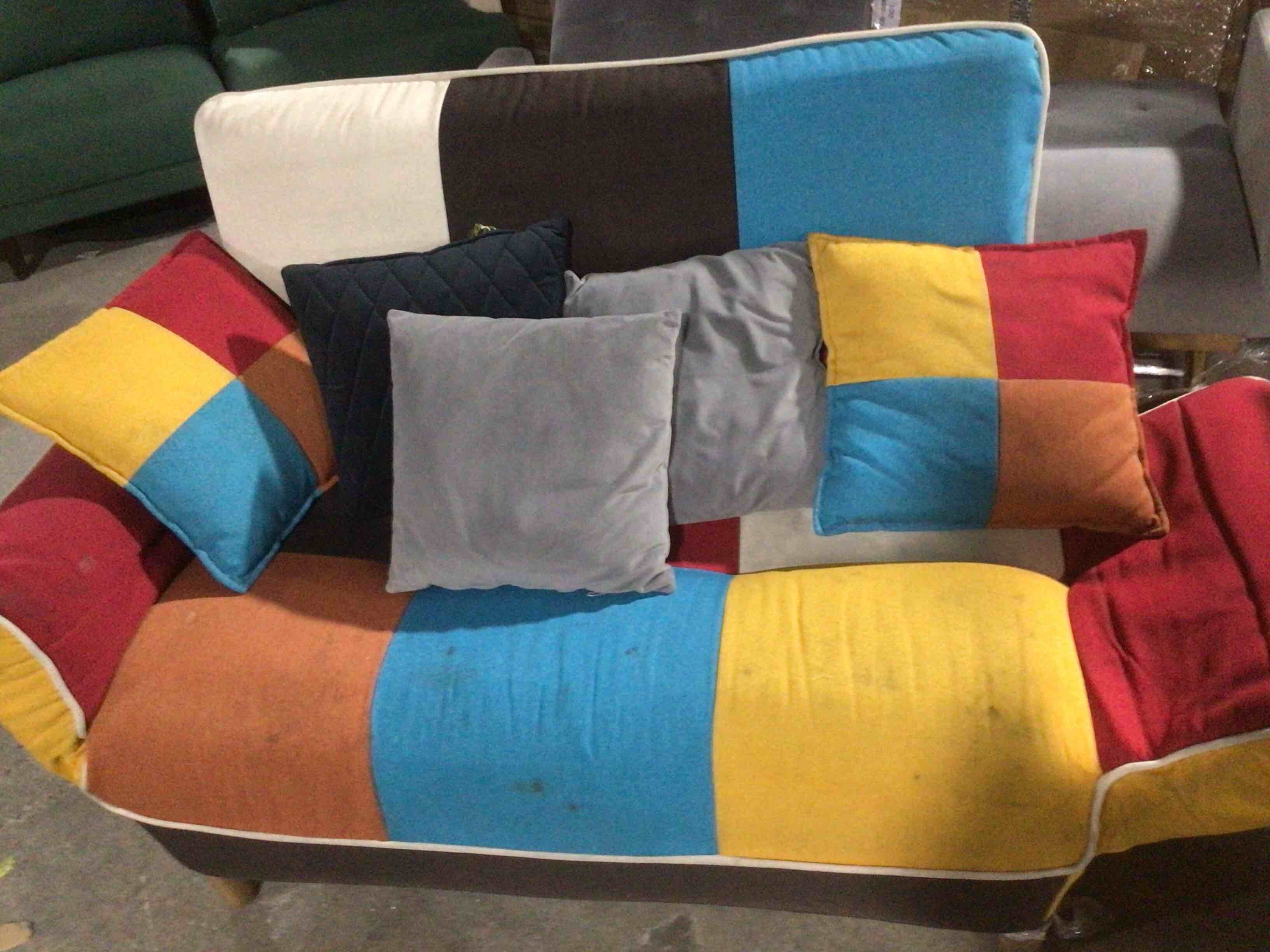 Condition photo showing As Is for Generic Futon Sofa Bed, Double Size, Tufted Back, Removable Pillows, Adjustable Armrests, Wooden Legs, 32.2H x 71.6W x 30.6D inches, Colorful, for Small Spaces, np-WF296669ZAA