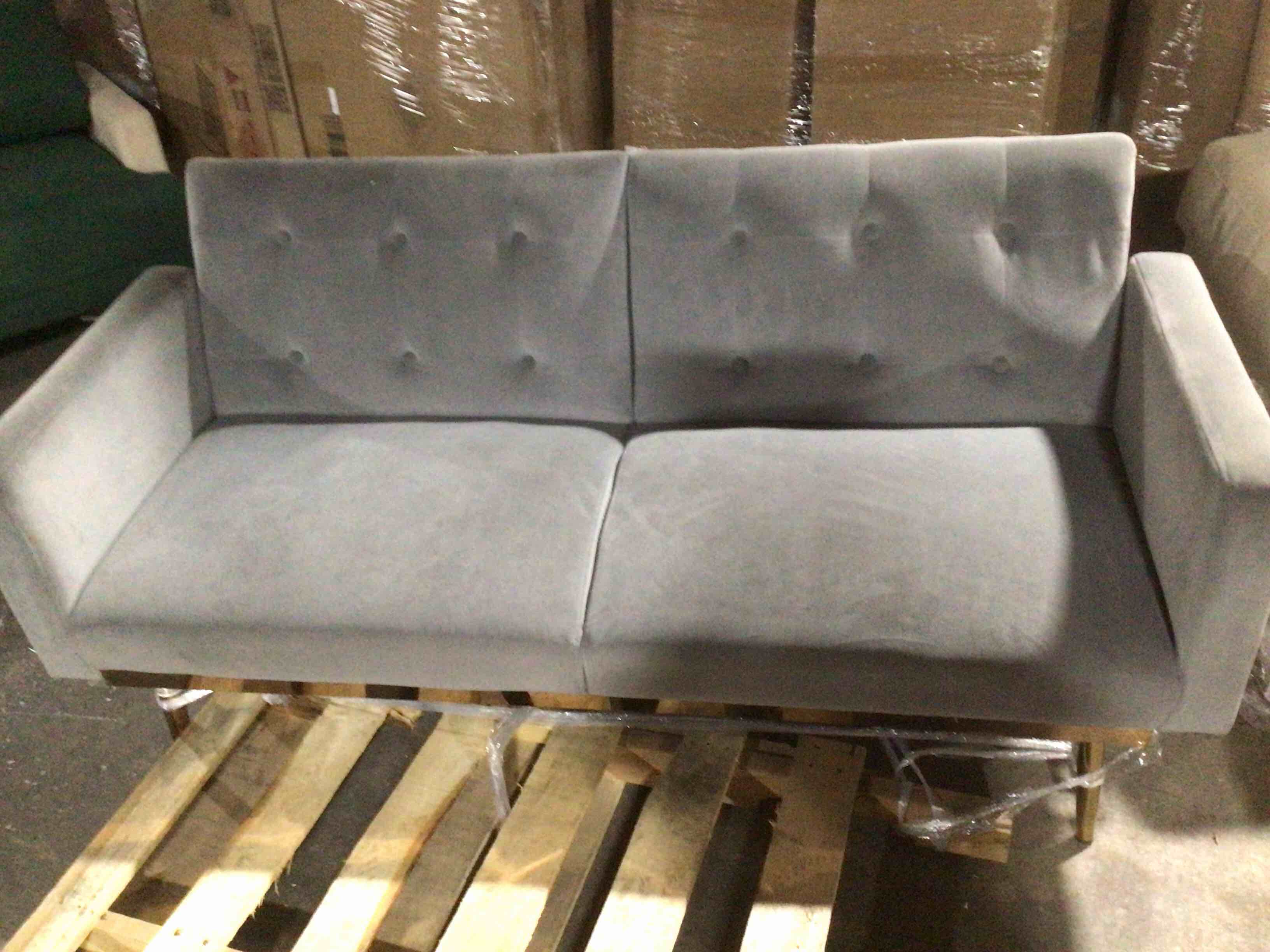 Condition photo showing As Is for AMNOOL Velvet Sofa Decorative Sofa Loveseat Sofa with Rose Gold Tapered Legs Metal Feet Upholstered Loveseat Sofa with 2 Pillows for Living Room Small Space Office (Gray)
