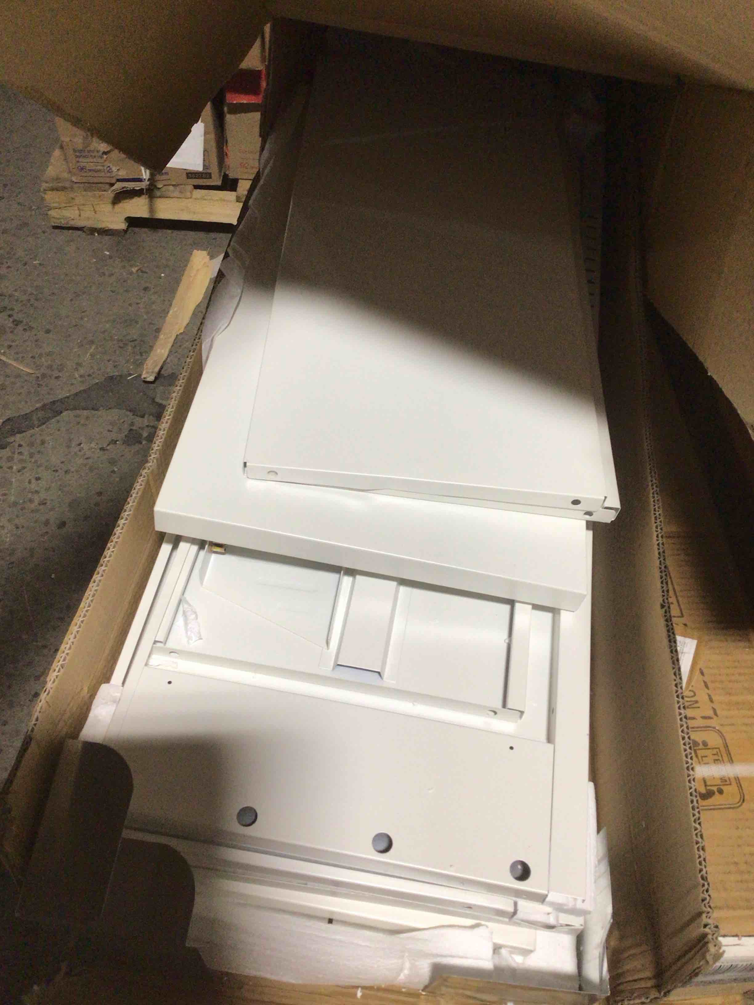 Condition photo showing As Is for RISTERN White Metal Storage Cabinet, Steel File Cabinet for Home Office, Kitchen Pantry Storage Cabinet with Doors and 3 Adjustable Shelves, Tool Cabinet, for Office, Home, Garage, School, (45.66*W15.55*H6.88inch) 