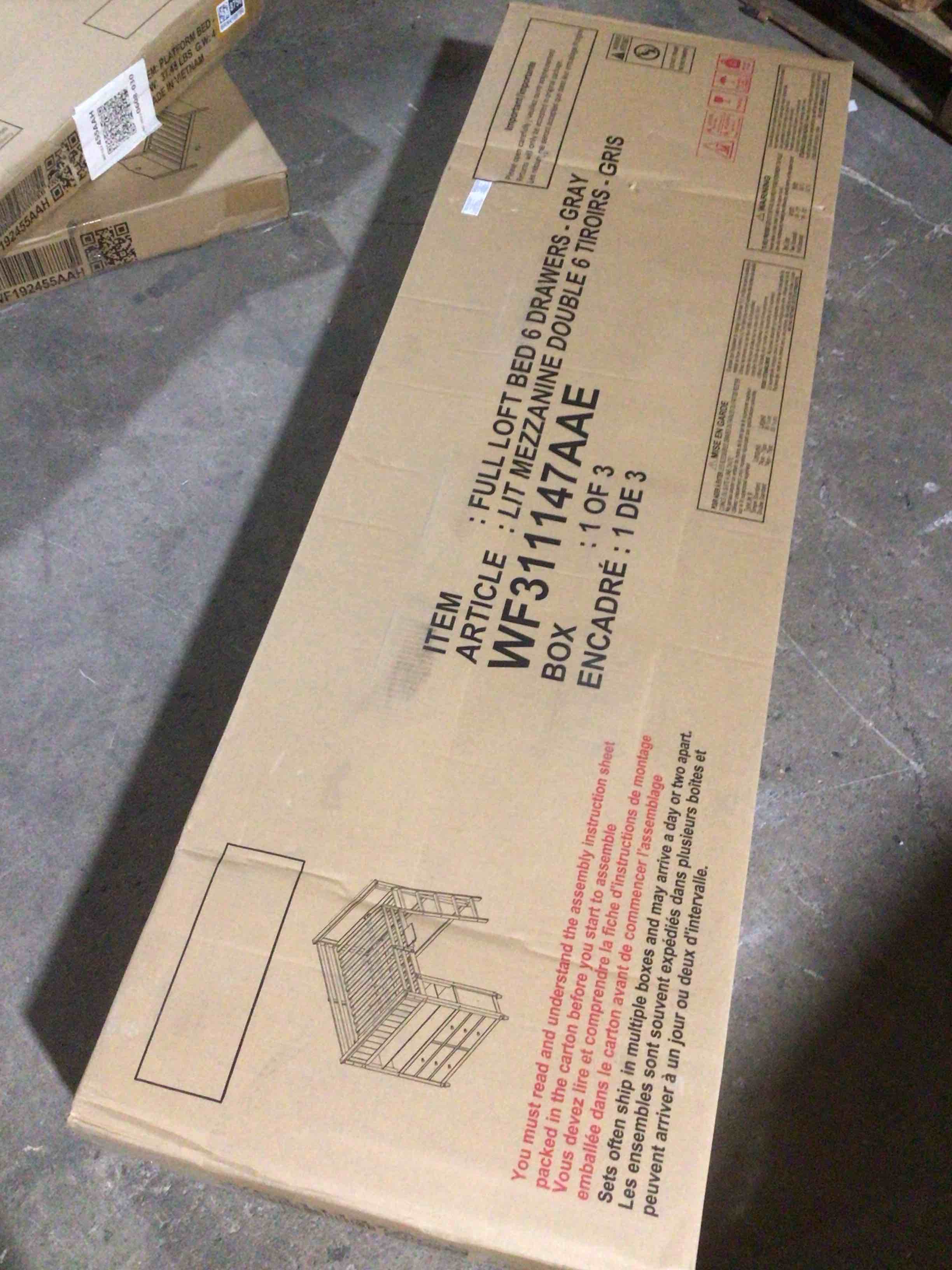 Condition photo showing New/Like New for (incomplete, box 1 of 3) Full Size Loft Bed with Desk, 6 Storage Drawers, Storage Shelf, Wooden High Loft Bed with Ladder and Guardrails, No Box Spring Needed, Space Saving Design, gray