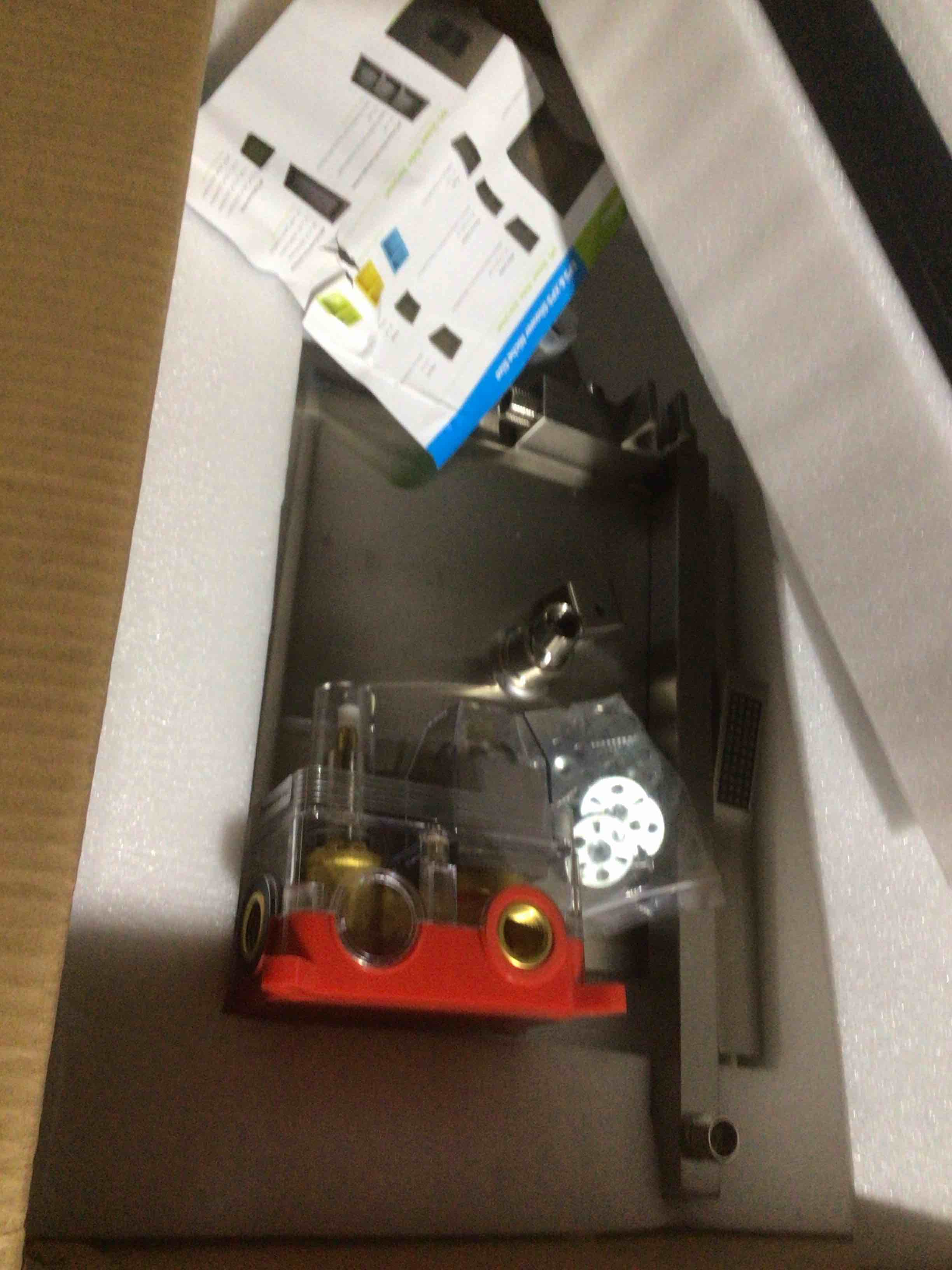 Condition photo showing As Is for 2-Spray Patterns with 2.5 GPM 12 in. Wall Mount Rain Fixed Shower Head with Hand Shower in Brushed Nickel