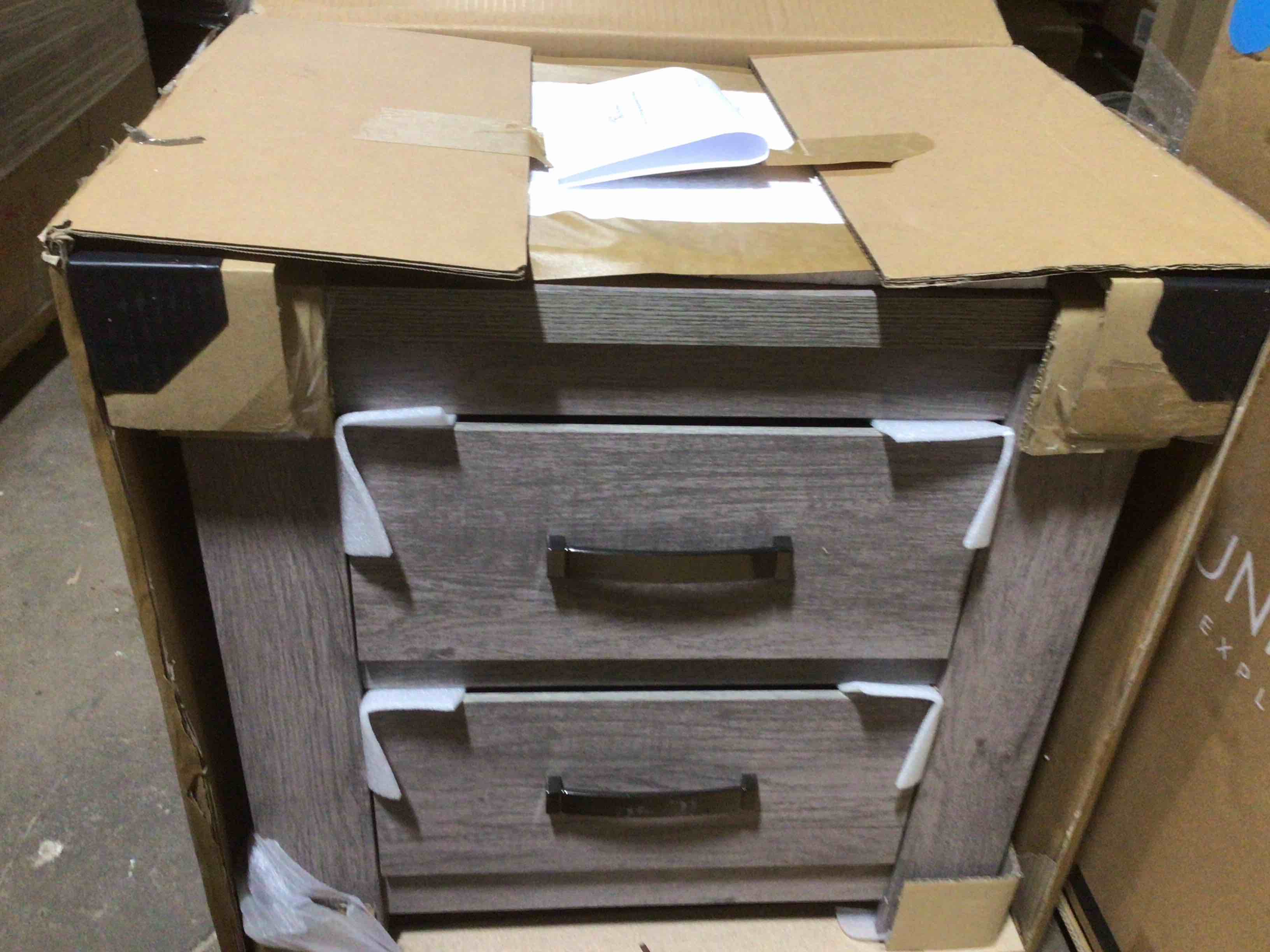 Condition photo showing Good Condition for Roundhill Furniture Floren Contemporary Weathered Gray Wood Two-Drawer Nightstand