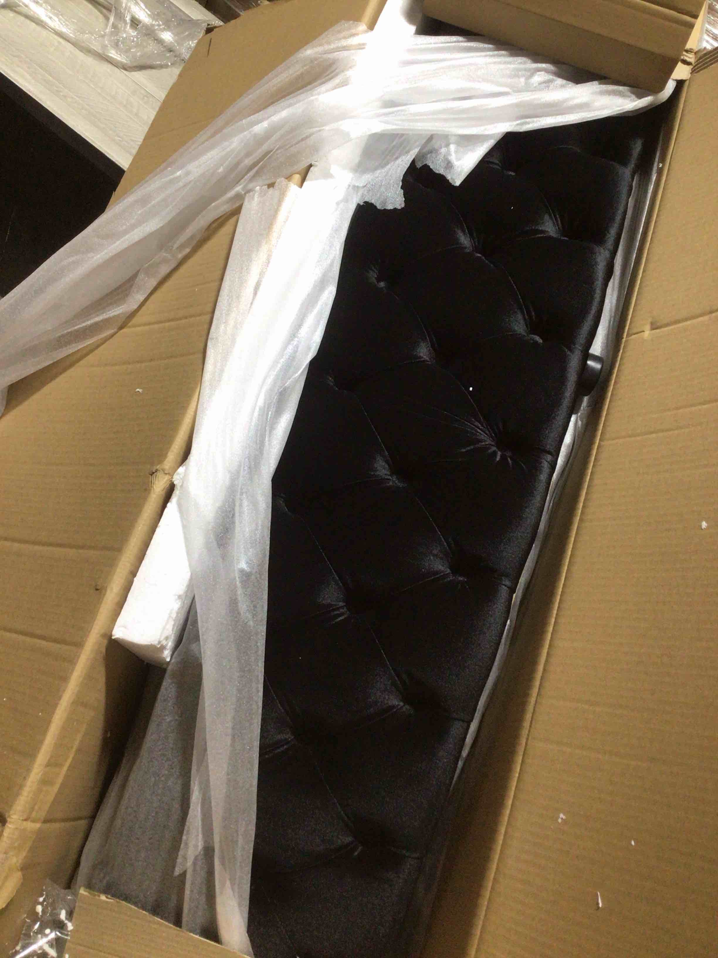 Condition photo showing Good Condition for (incomplete, box 2/2) UPHOLSTERED QUEEN SIZE BED HB LEGS, STORAGE FB BASE, STORAGE RAILS SIDE BOARD, 4PCS SUPPORTS LEG, BLACK (84.1”L X21.1”W X 15.6”H) 